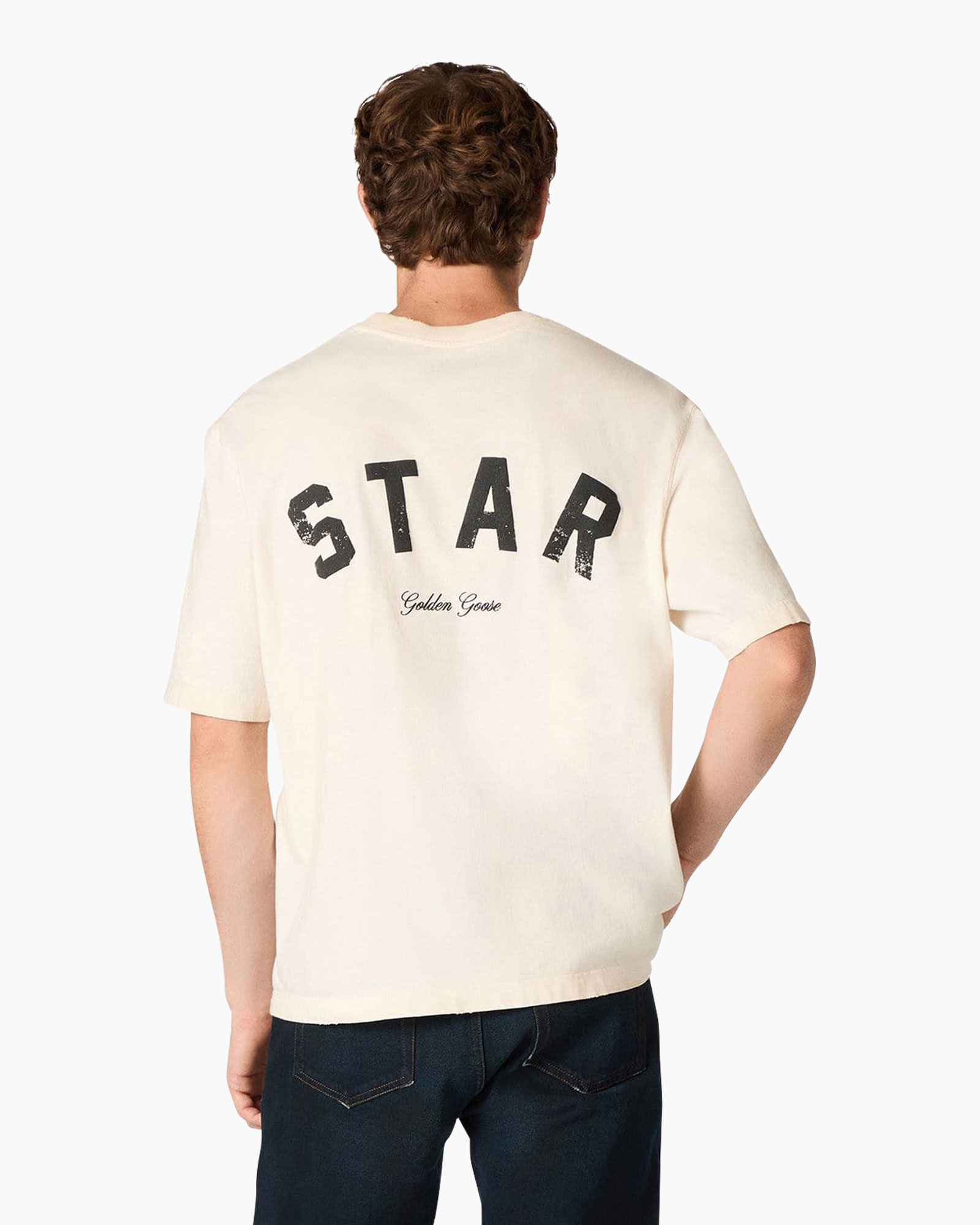 t-shirt, short sleeve, cream color, graphic back, star text