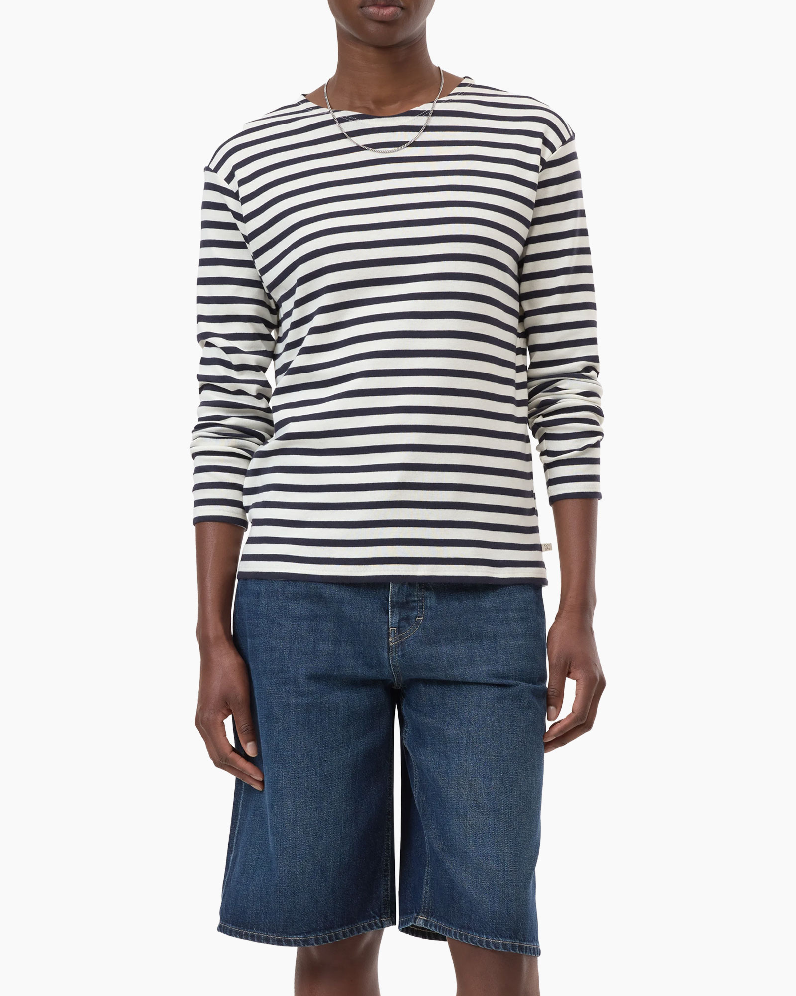 striped shirt, long-sleeve, navy white, crew neck, t-shirt knit