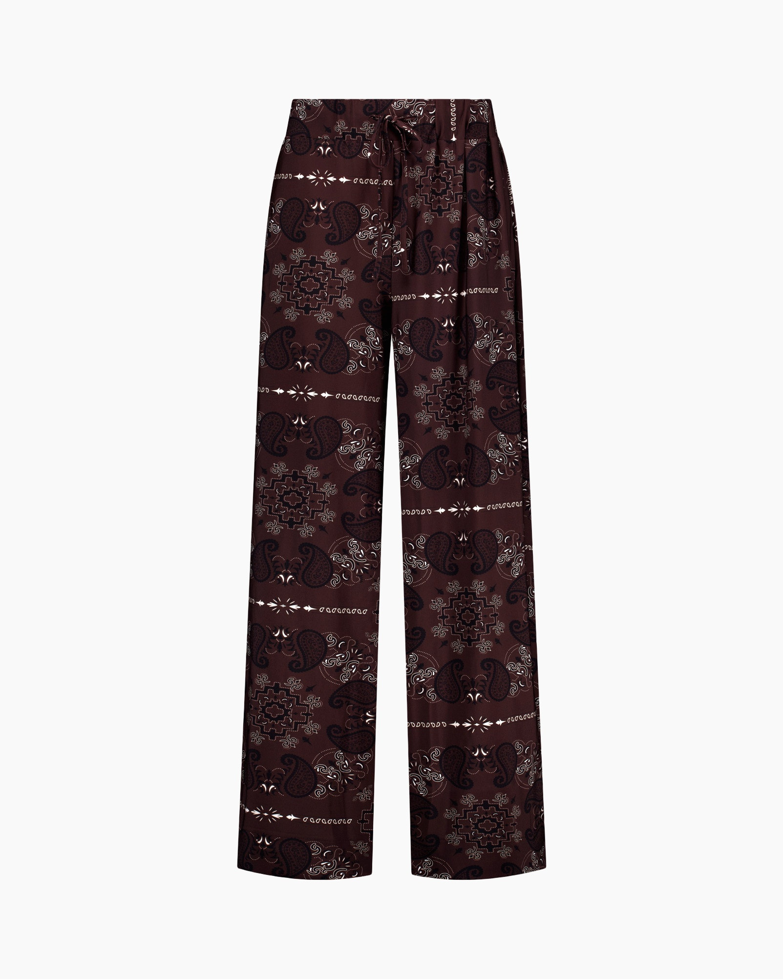 palazzo pants, wide-leg, paisley pattern, drawstring waist, brown