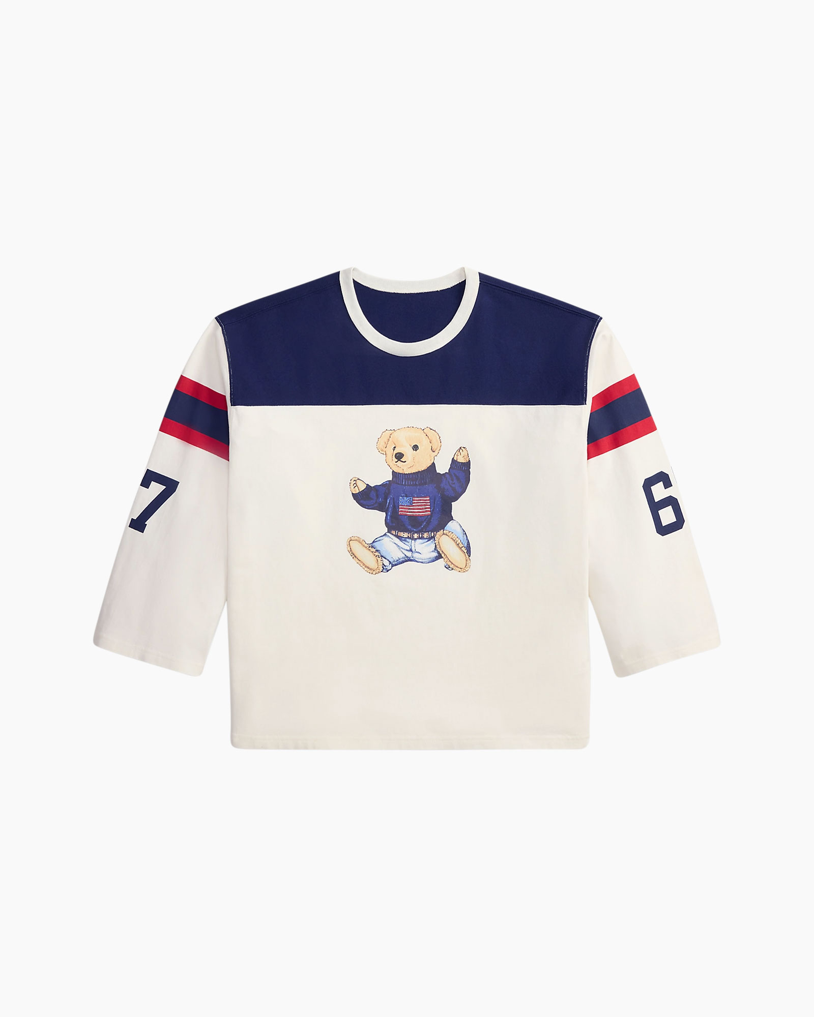 long-sleeve, t-shirt, poncho?, polo?, bear-graphic, navy-white
