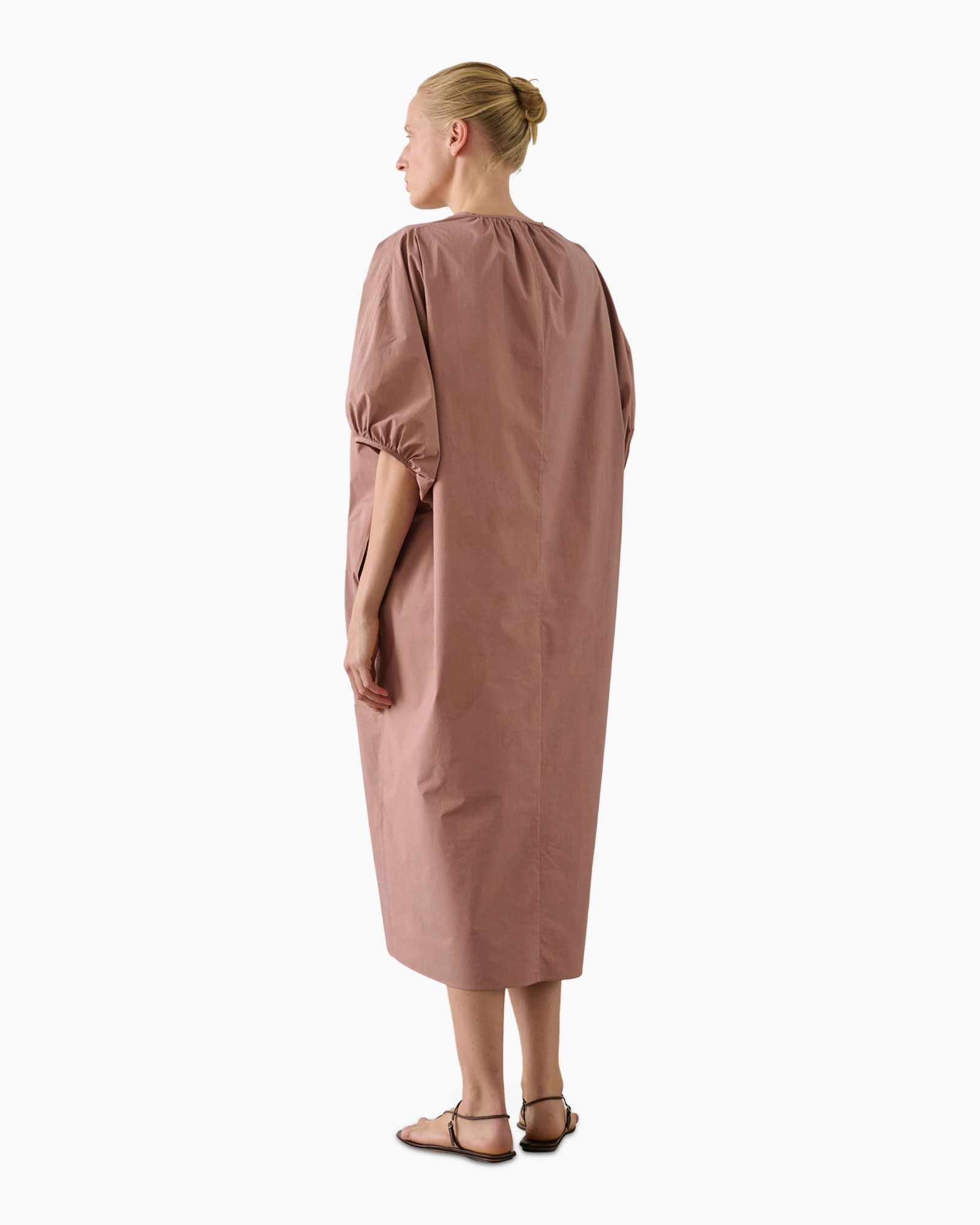 dress, pink, mid-length, belted, puff-sleeve