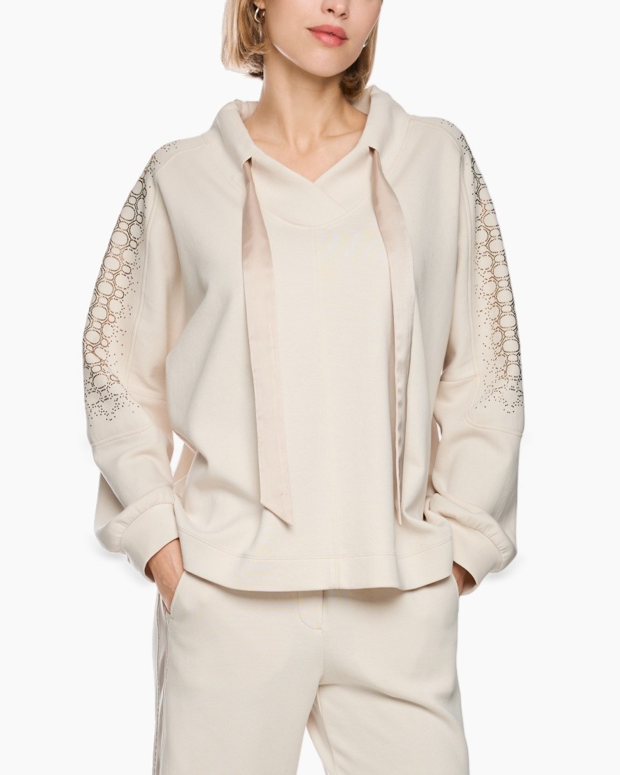 beige hoodie, lace paneled sleeves, drawstring hood, long sleeves, soft fabric