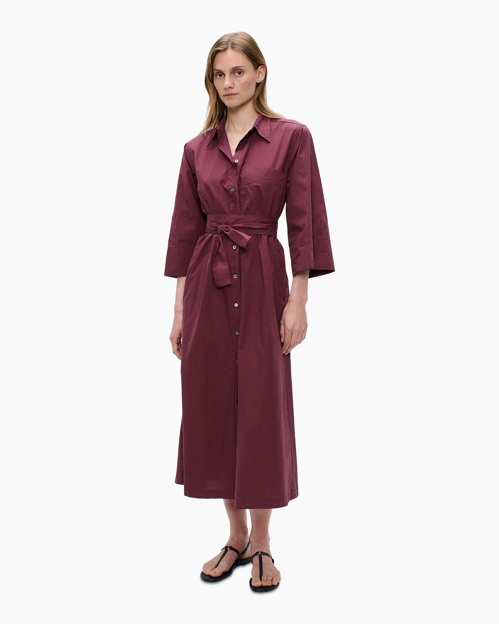 dress, shirt dress, mid-length, belt, burgundy