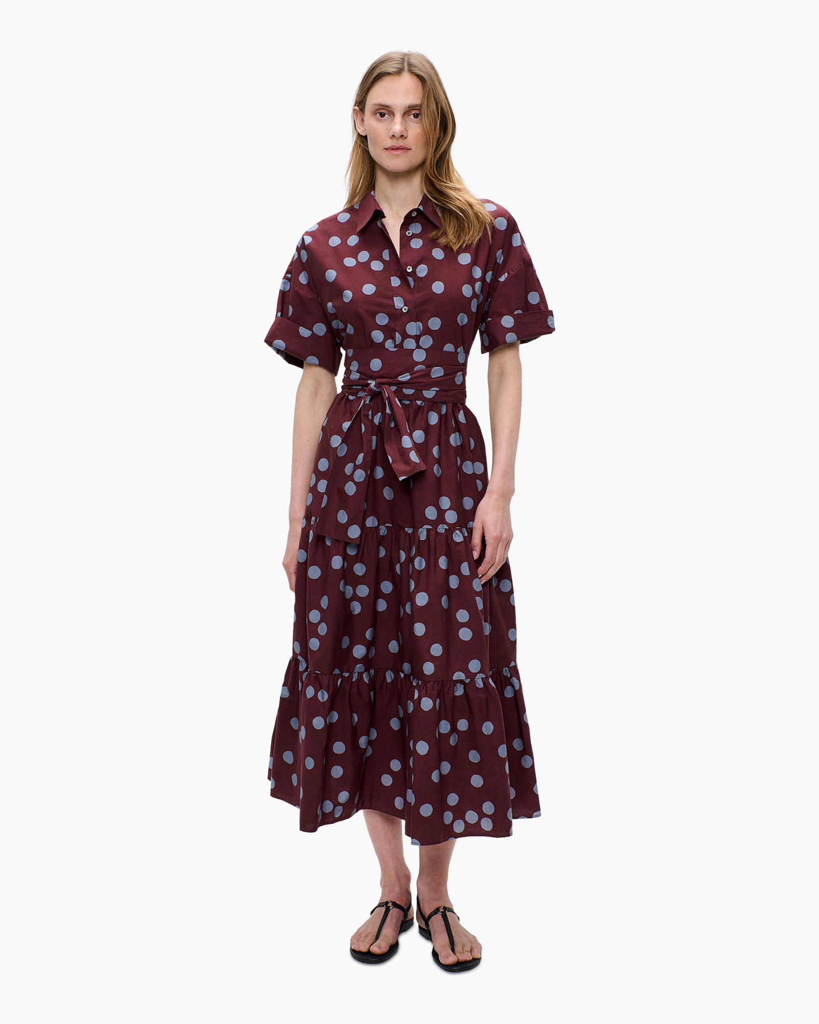 dress, polka dot, mid-length, belted, short sleeve