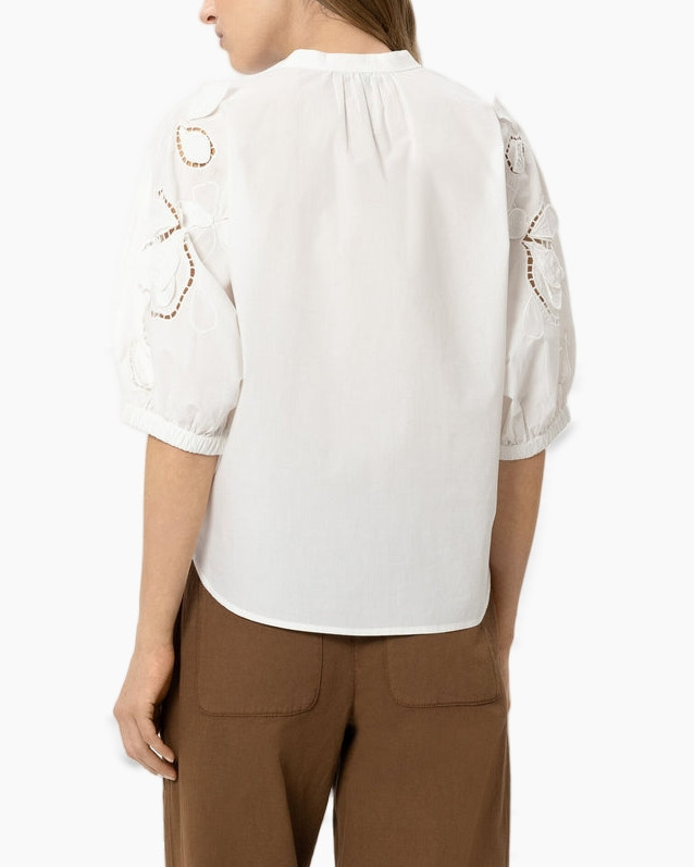 blouse, white top, eyelet sleeves, 3/4 sleeve, buttonless placket