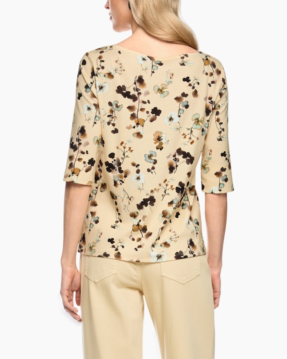 blouse, floral, beige, three-quarter sleeves, lace hem