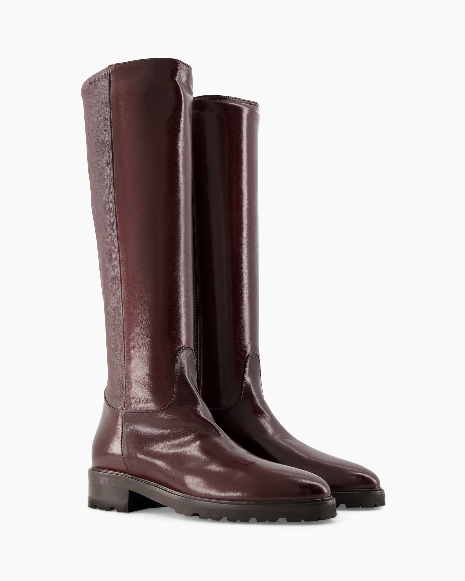boots, knee-high, leather, burgundy, flat heel