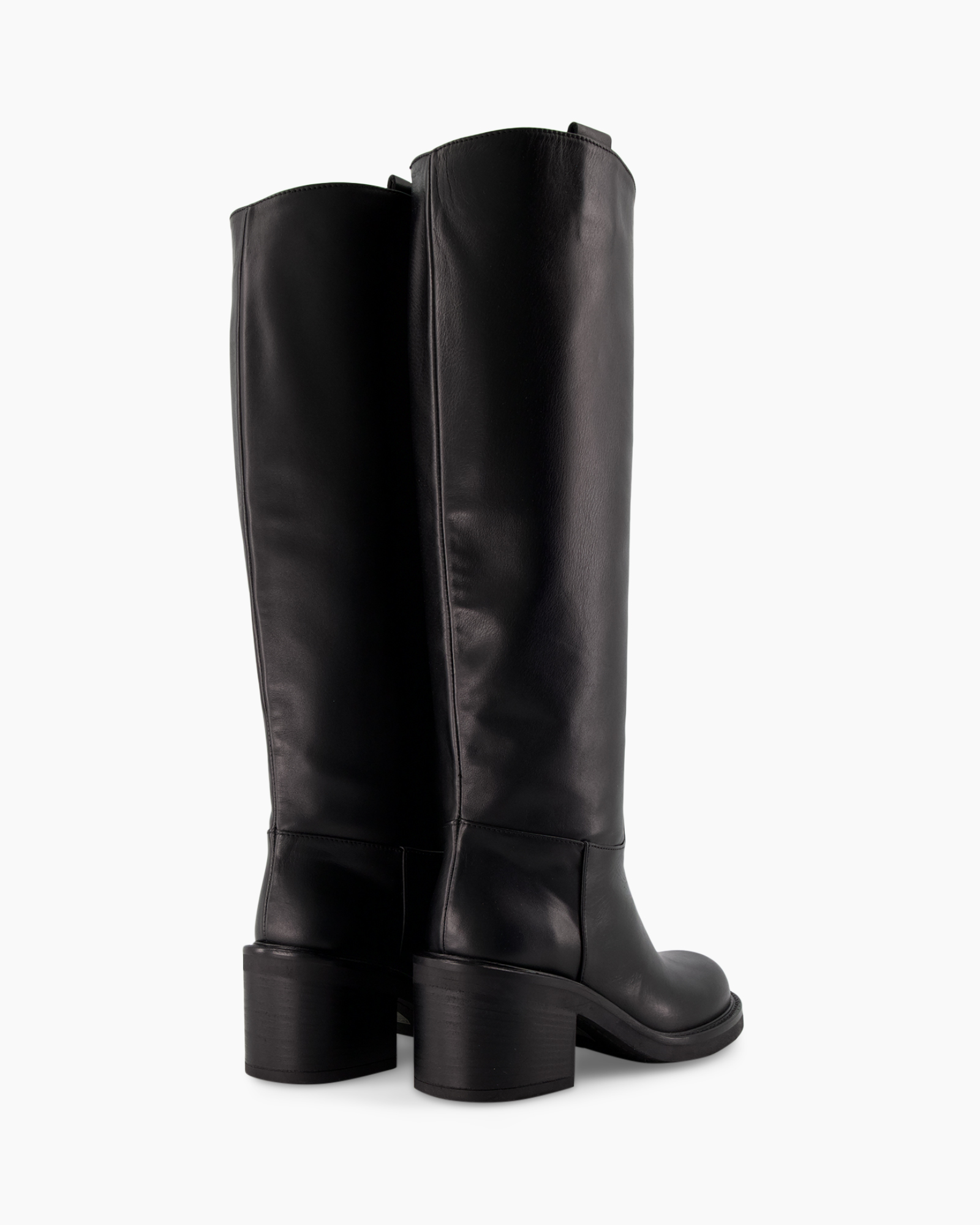 knee-high boots, black leather, mid heel, round toe, slouchy shaft