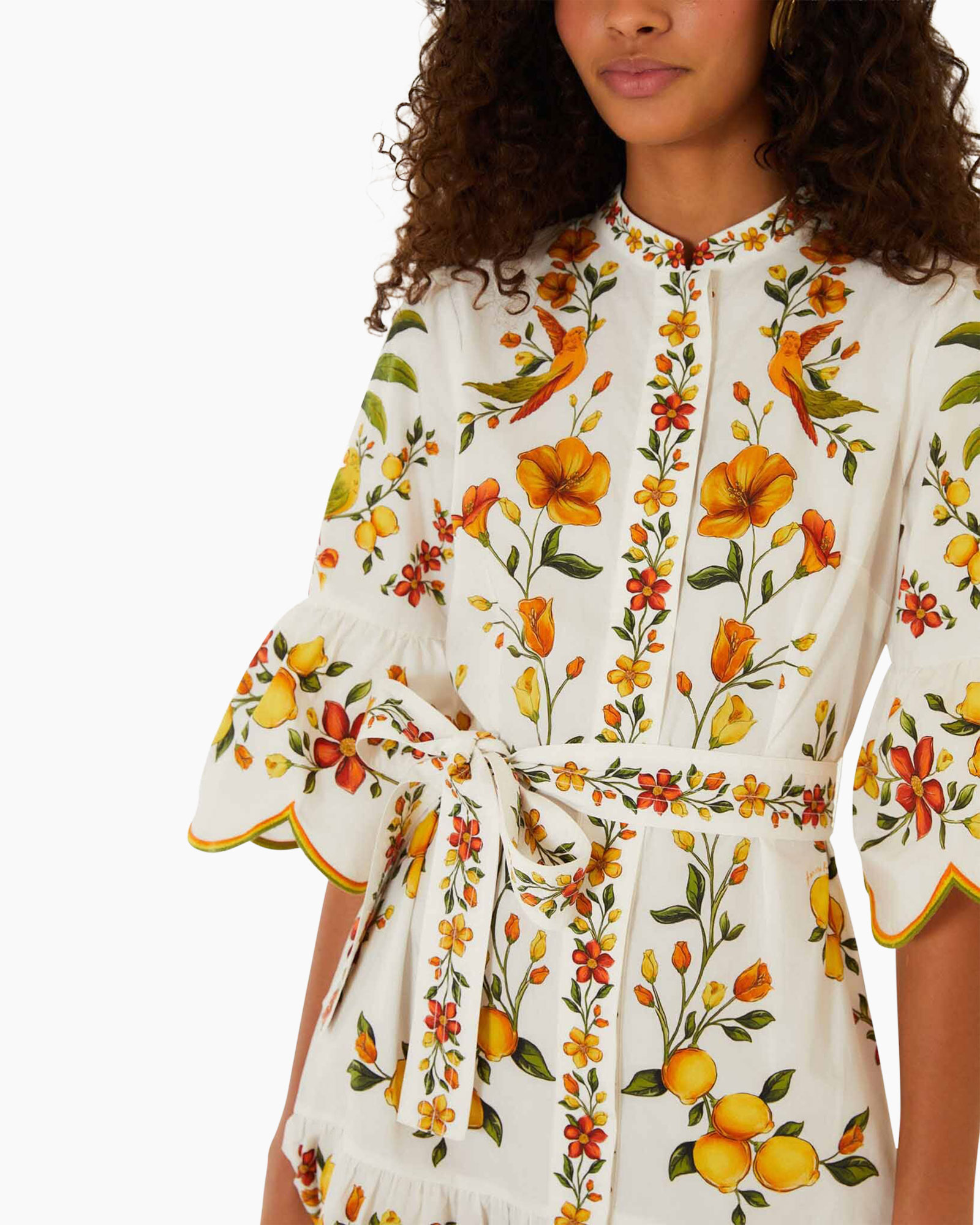 floral dress, white dress, belted, three-quarter sleeves, print pattern