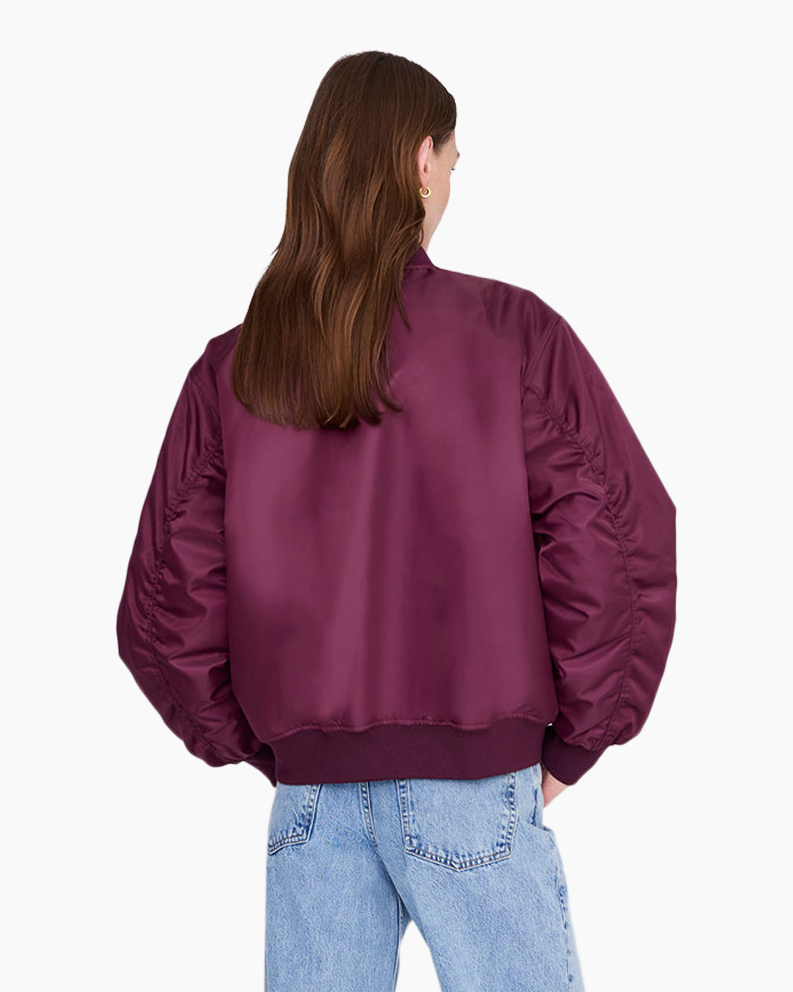 bomber jacket, puff sleeves, solid color, crew neckline, ribbed hem