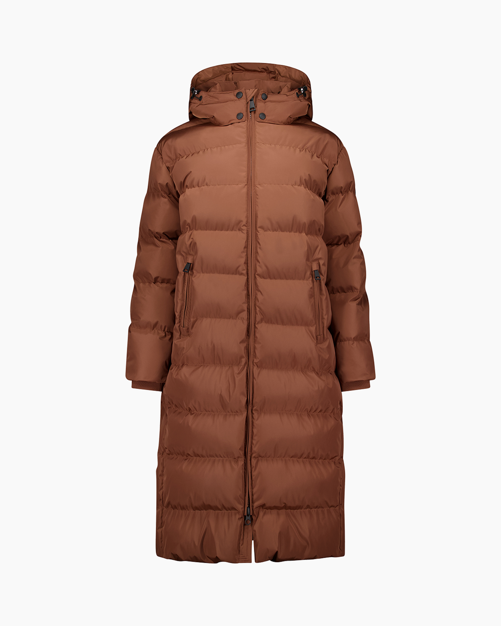 down jacket, puffer coat, long coat, hooded, brown