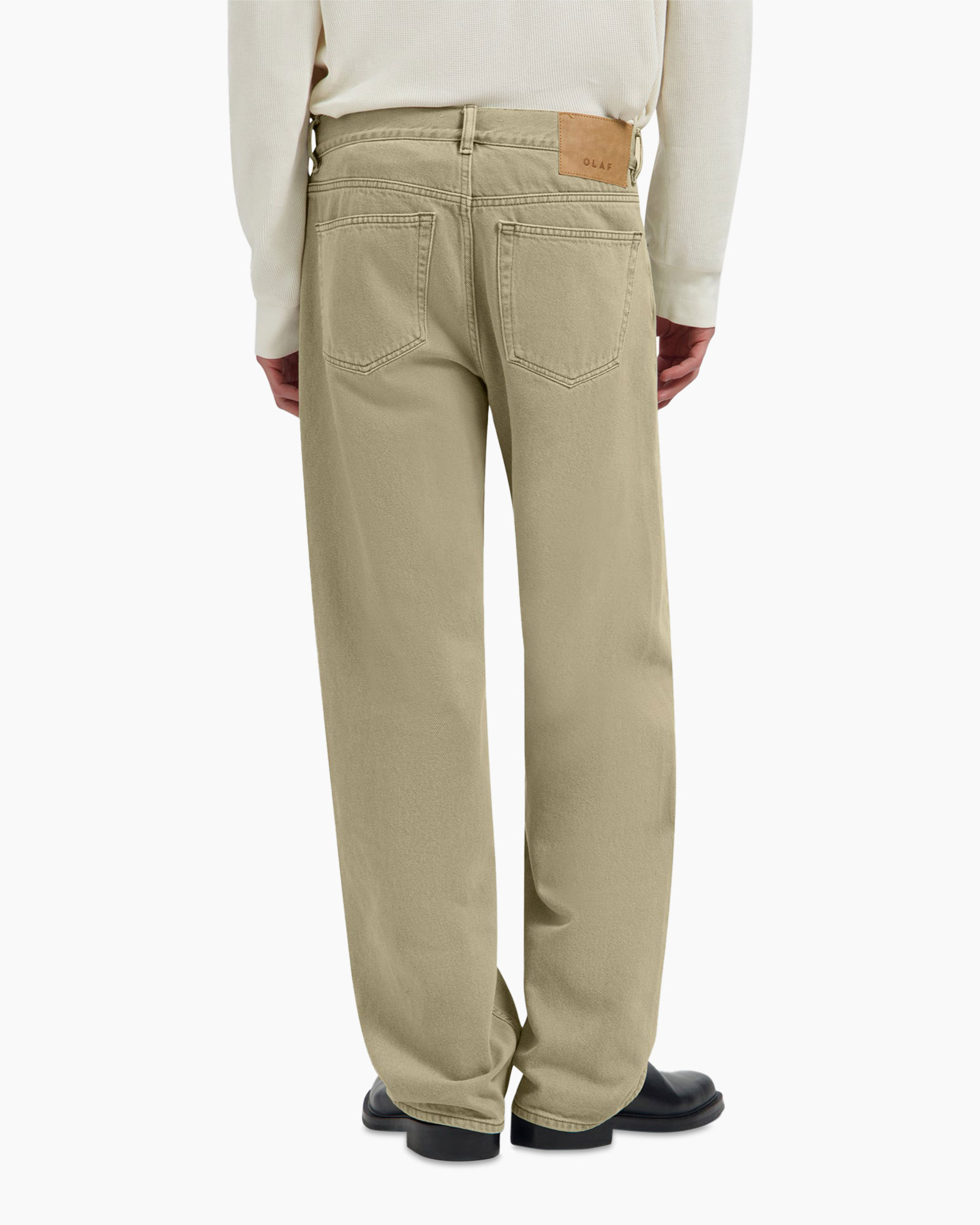 khaki pants, back view, crew neck, cotton blend, loose fit