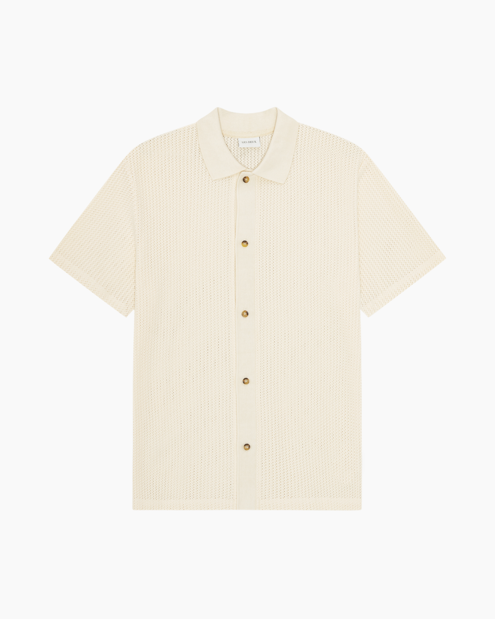 short-sleeve, button-front, cream, knit, collared-shirt