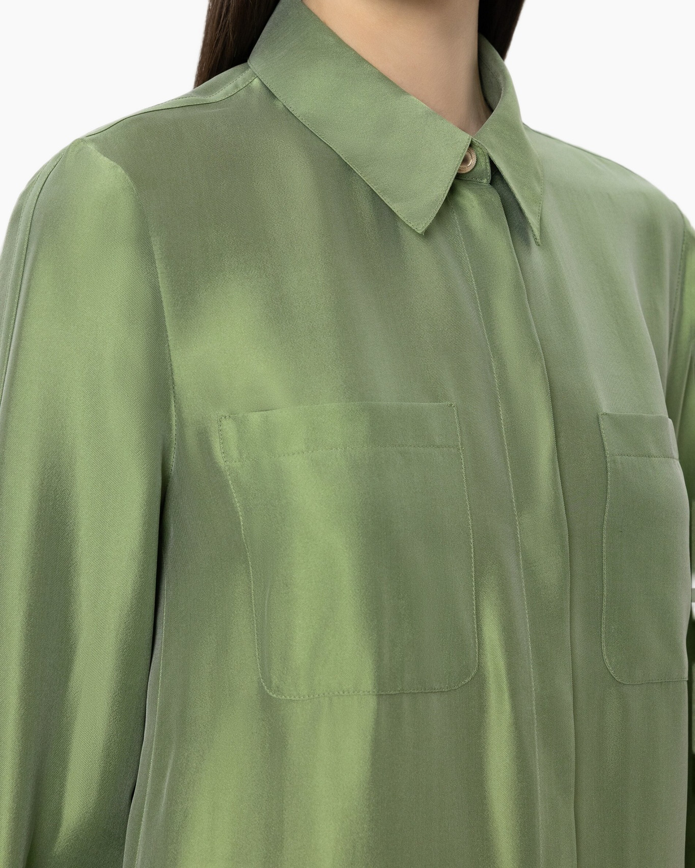 green, shirt, collar, pockets, buttoned