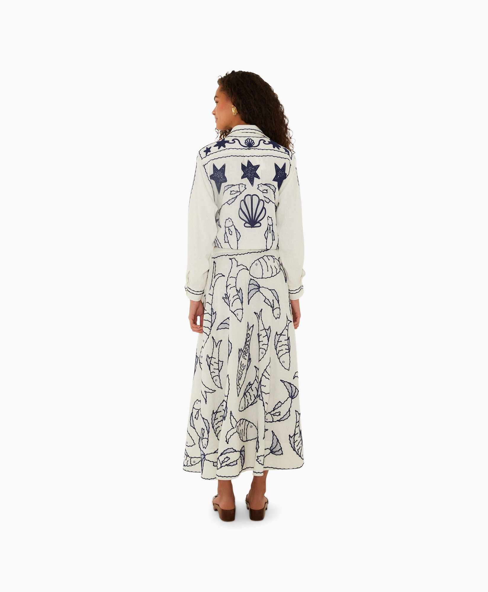 maxi skirt, fish print, white skirt, ankle length, embellished sandals