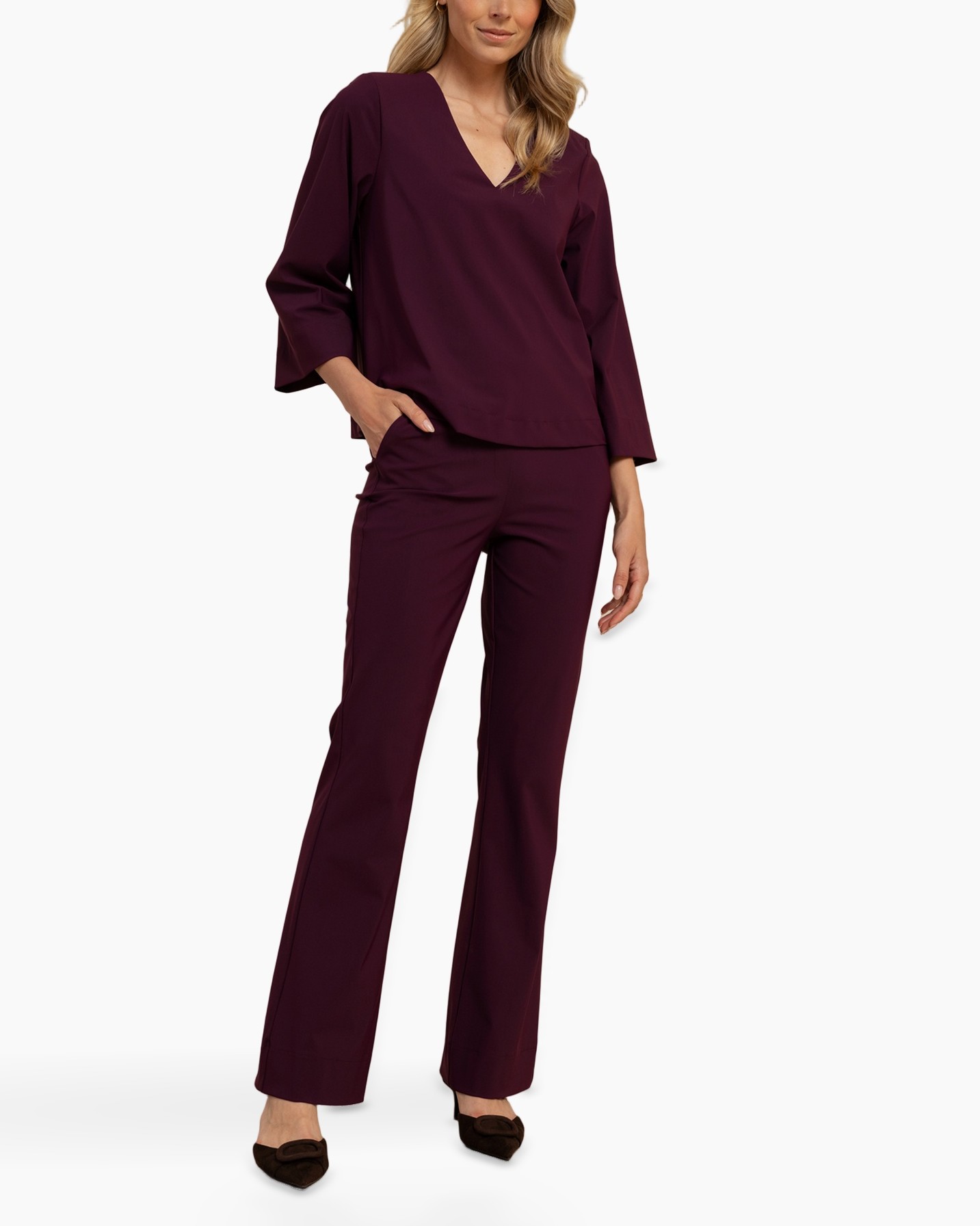 pants, trousers, burgundy, wide-leg, flat shoes