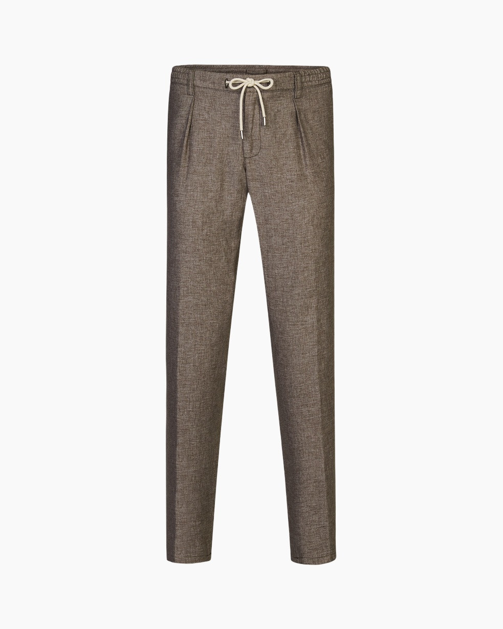 pants, drawstring, linen blend, brown, tapered fit