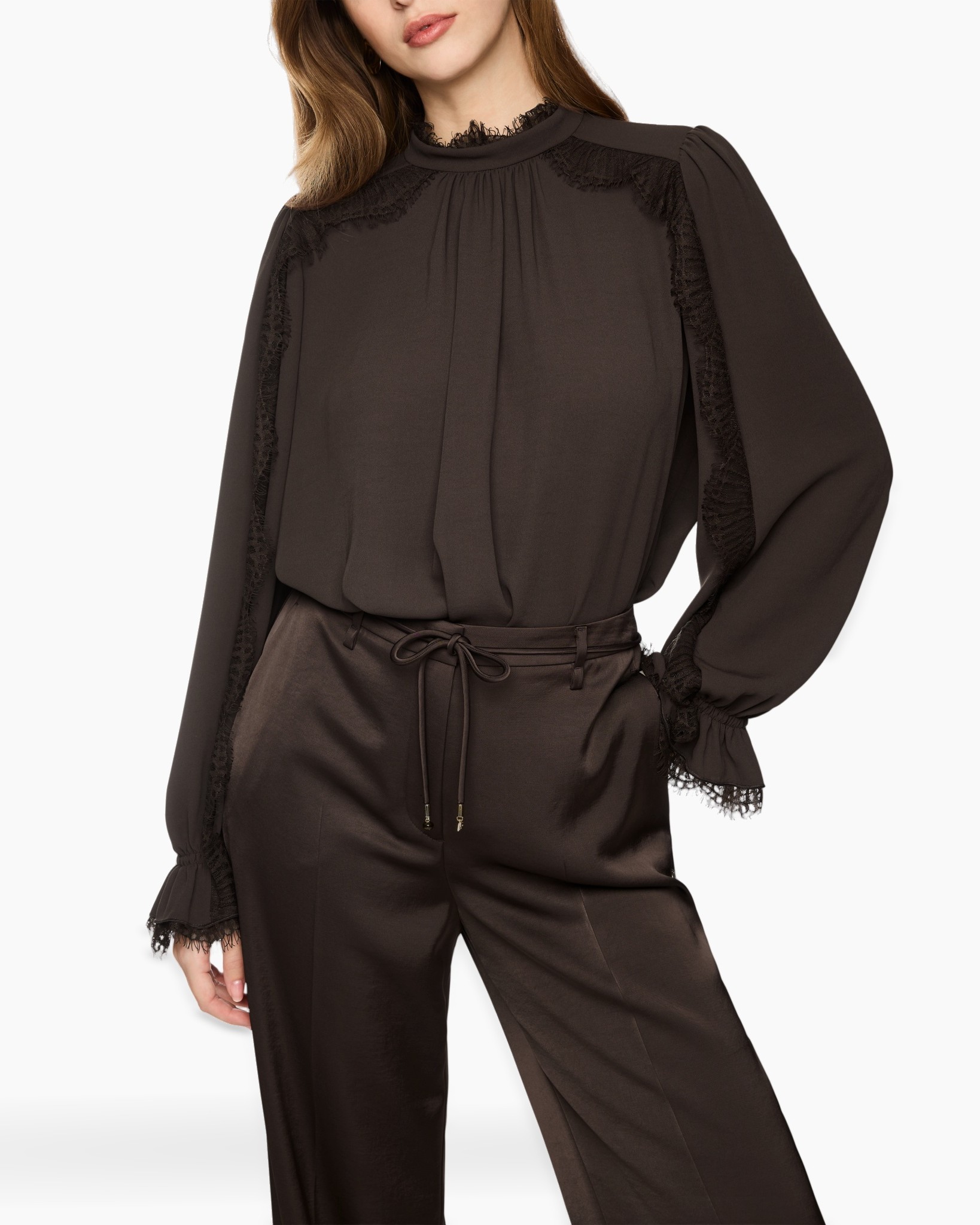blouse, lace, high-neck, long-sleeve, dark-brown
