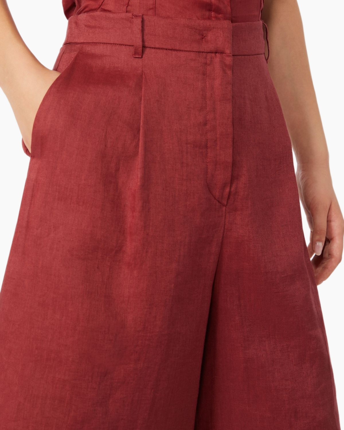 red, linen, pants, wide-leg, high-waist