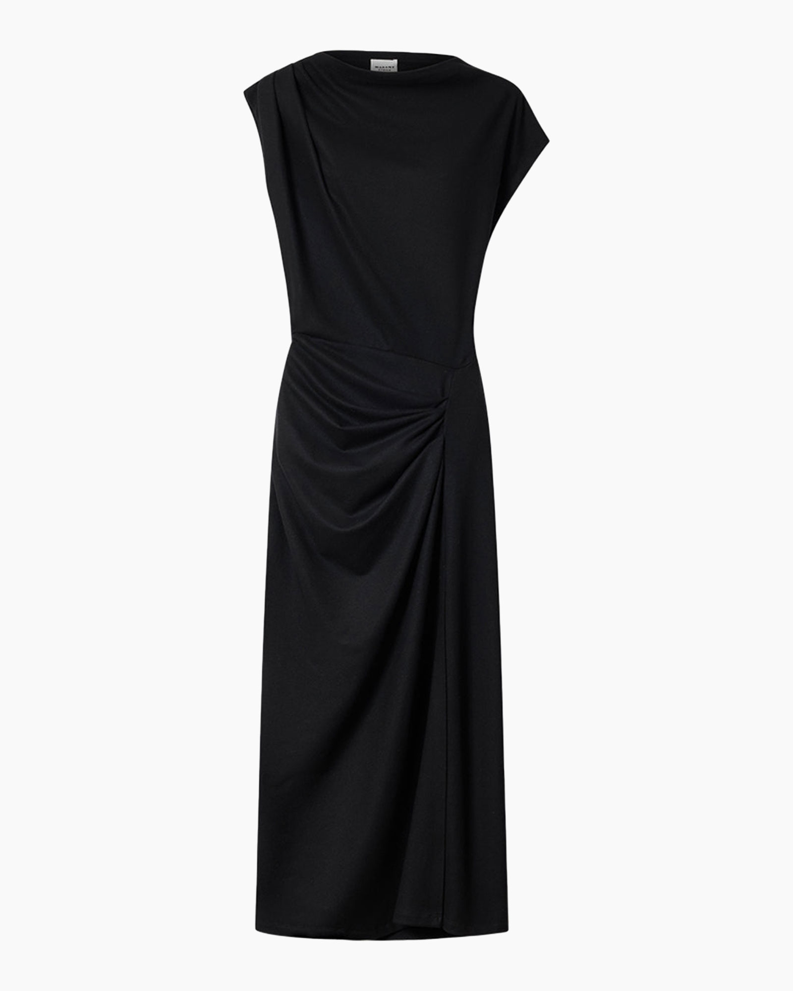 dress, black, ankle-length, ruched, sleeveless