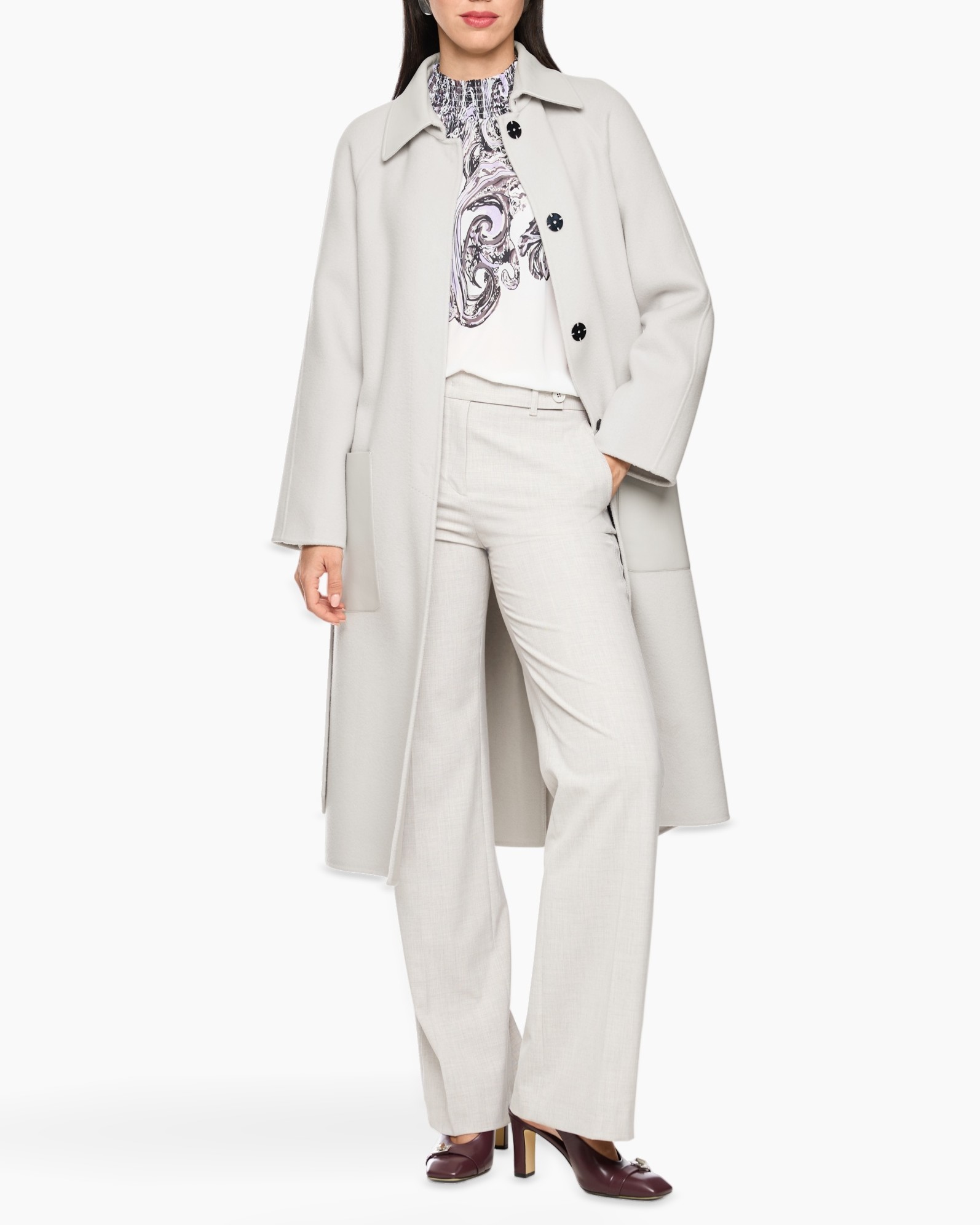 coat, overcoat, long coat, light gray, pants suit