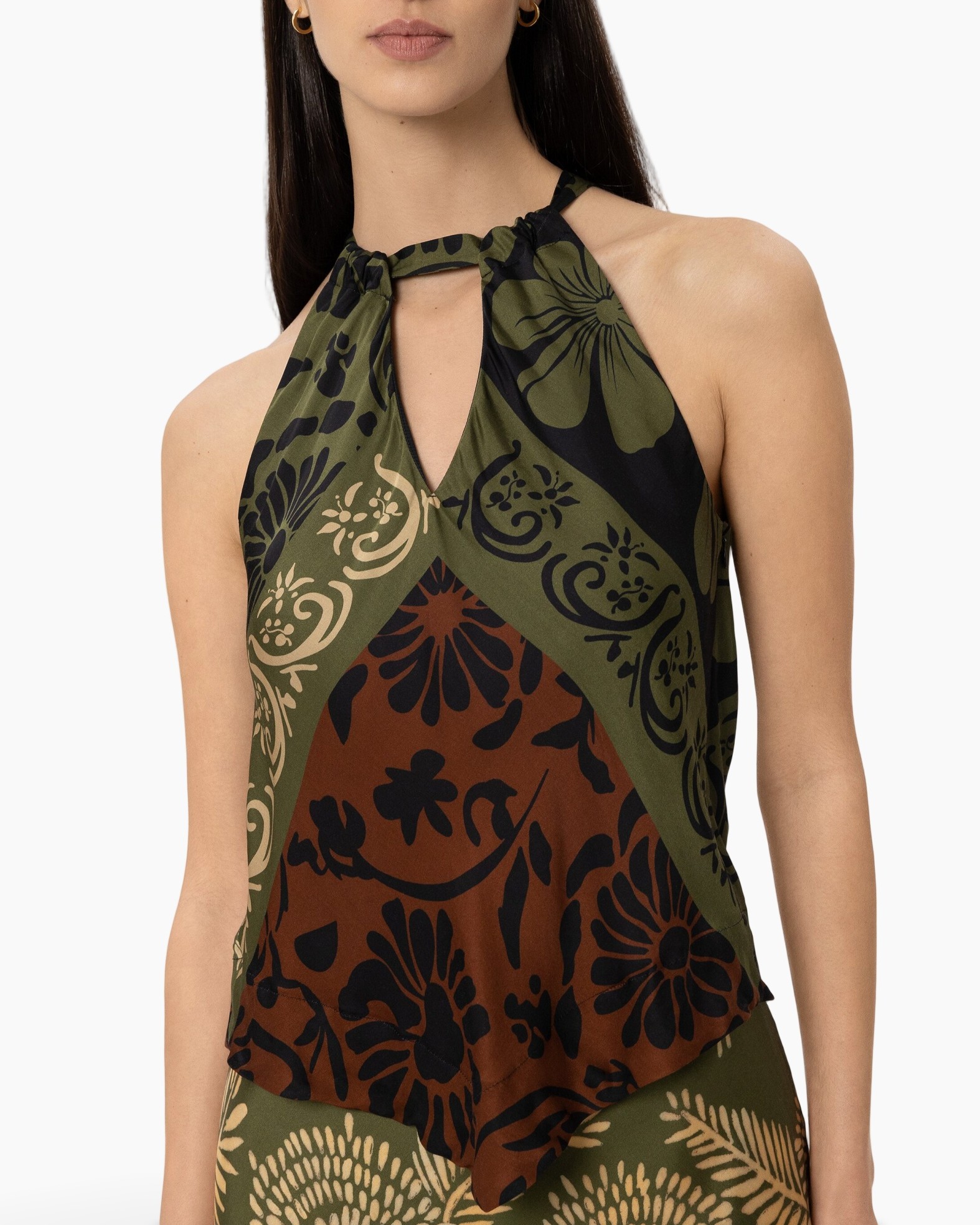 halter top, printed top, green brown pattern, sleeveless, keyhole neckline