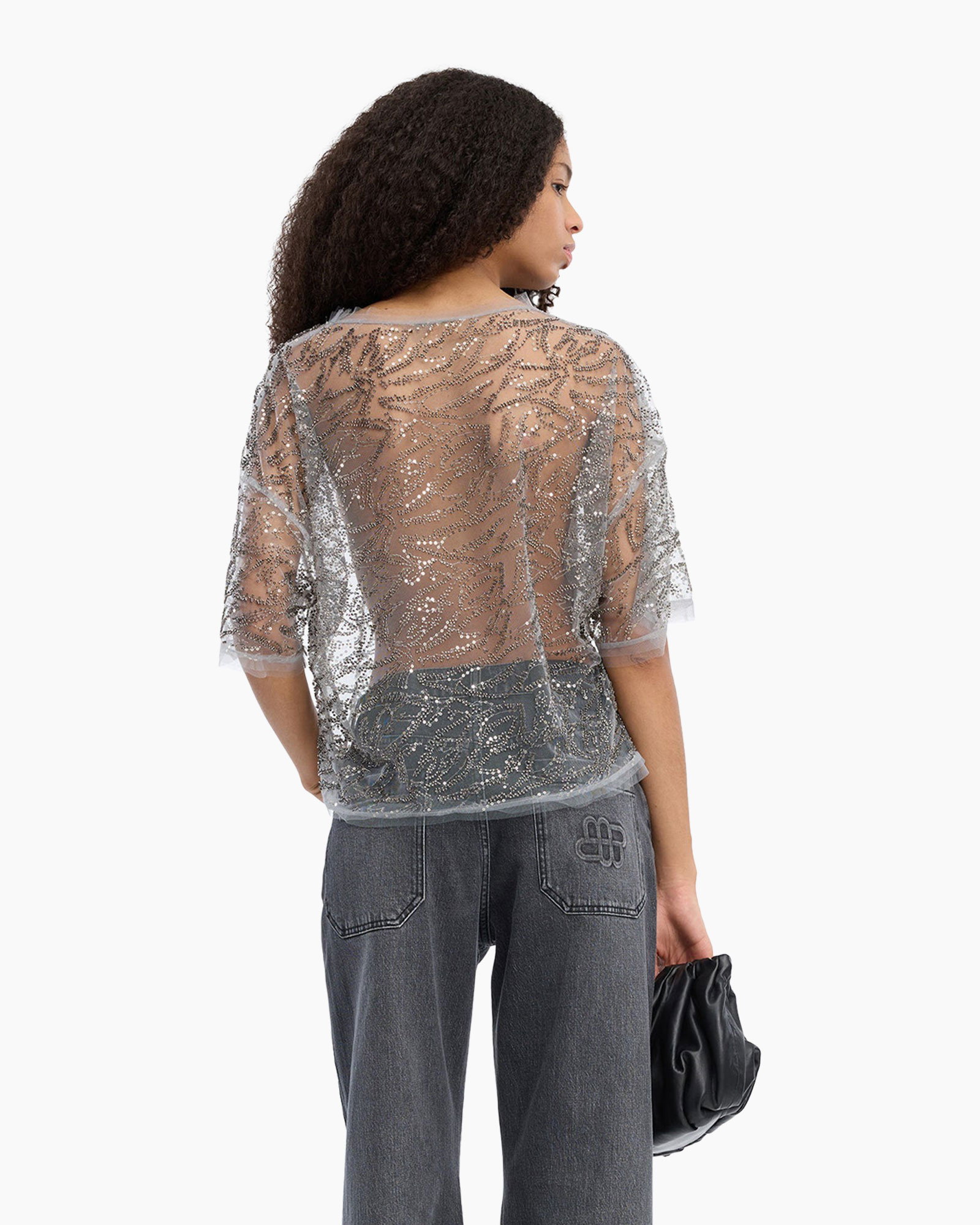 mesh top, sequined top, silver top, short sleeve, transparent