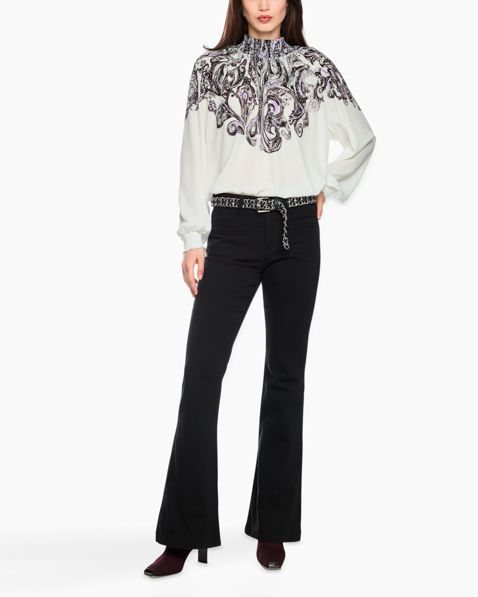 blouse, paisley, high neck, long sleeves, black pants