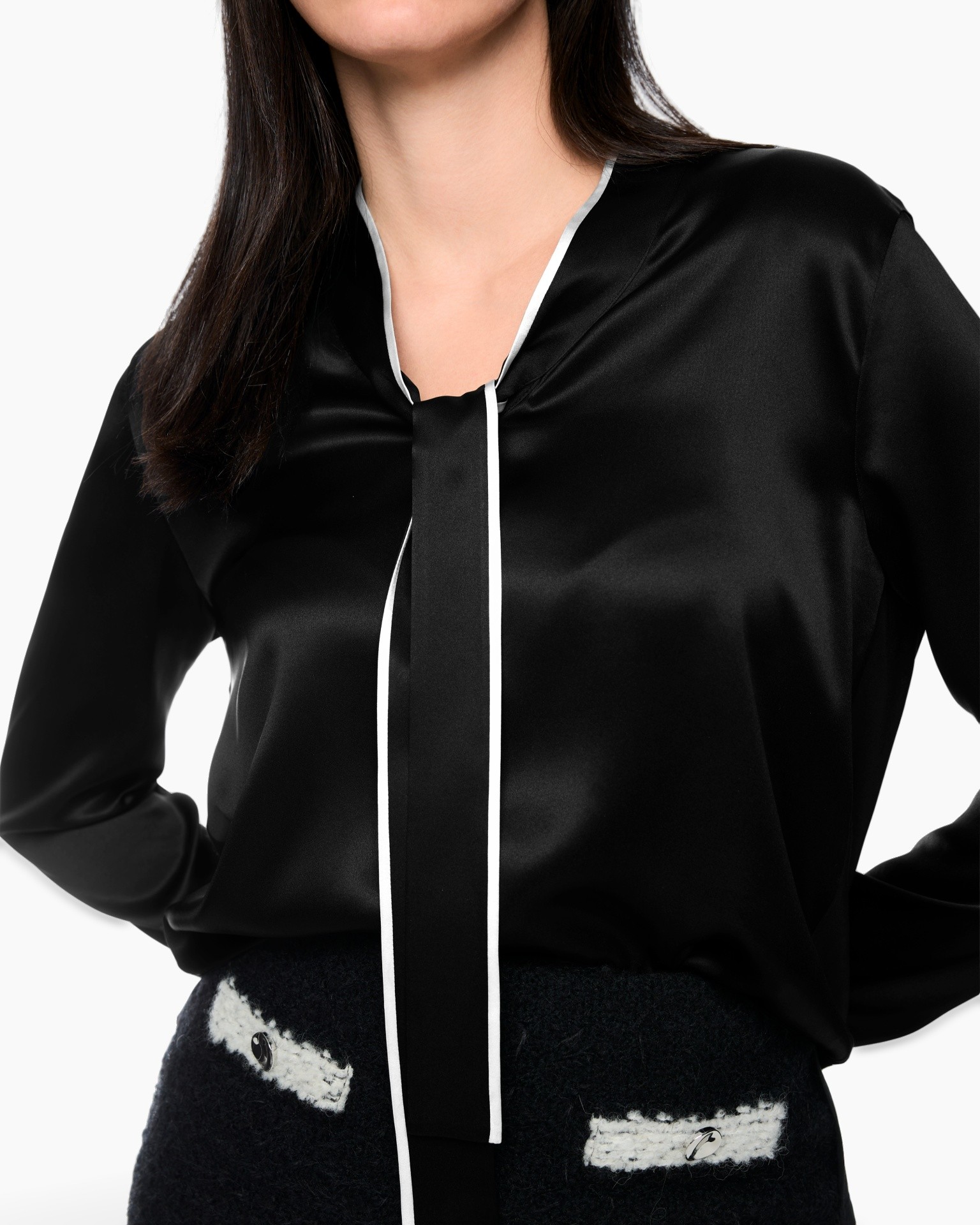 blouse, satin, black, white-trim, tie-neck