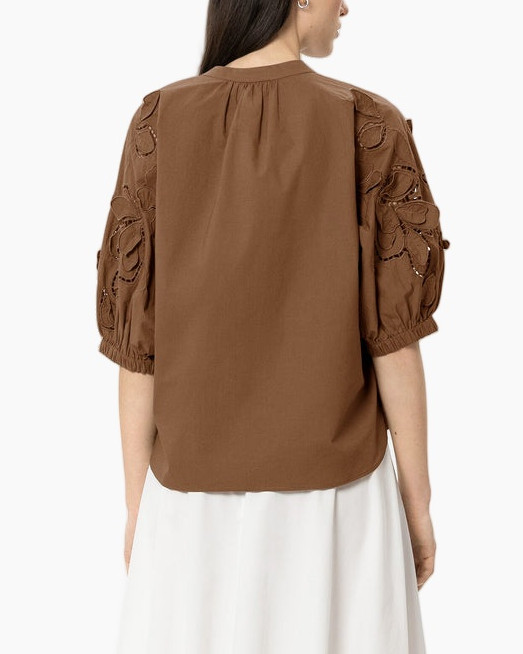 brown top, eyelet sleeves, pleated detail, short puff sleeves, loose fit