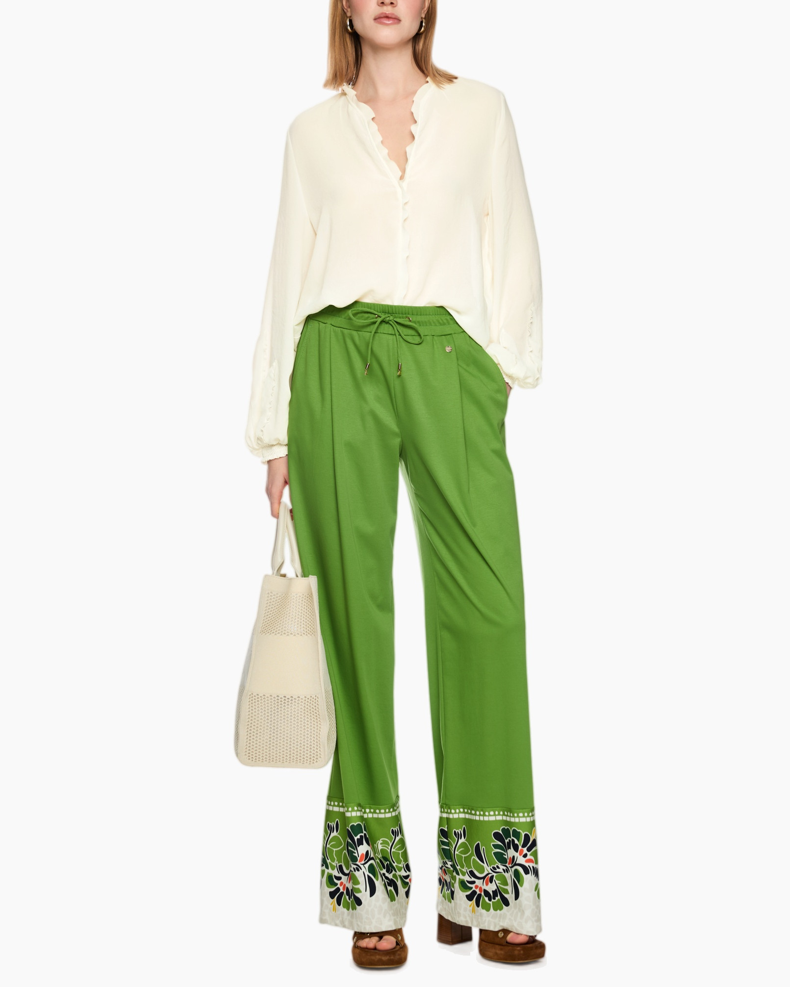blouse, green pants, wide leg, embellished hem, drawstring waist