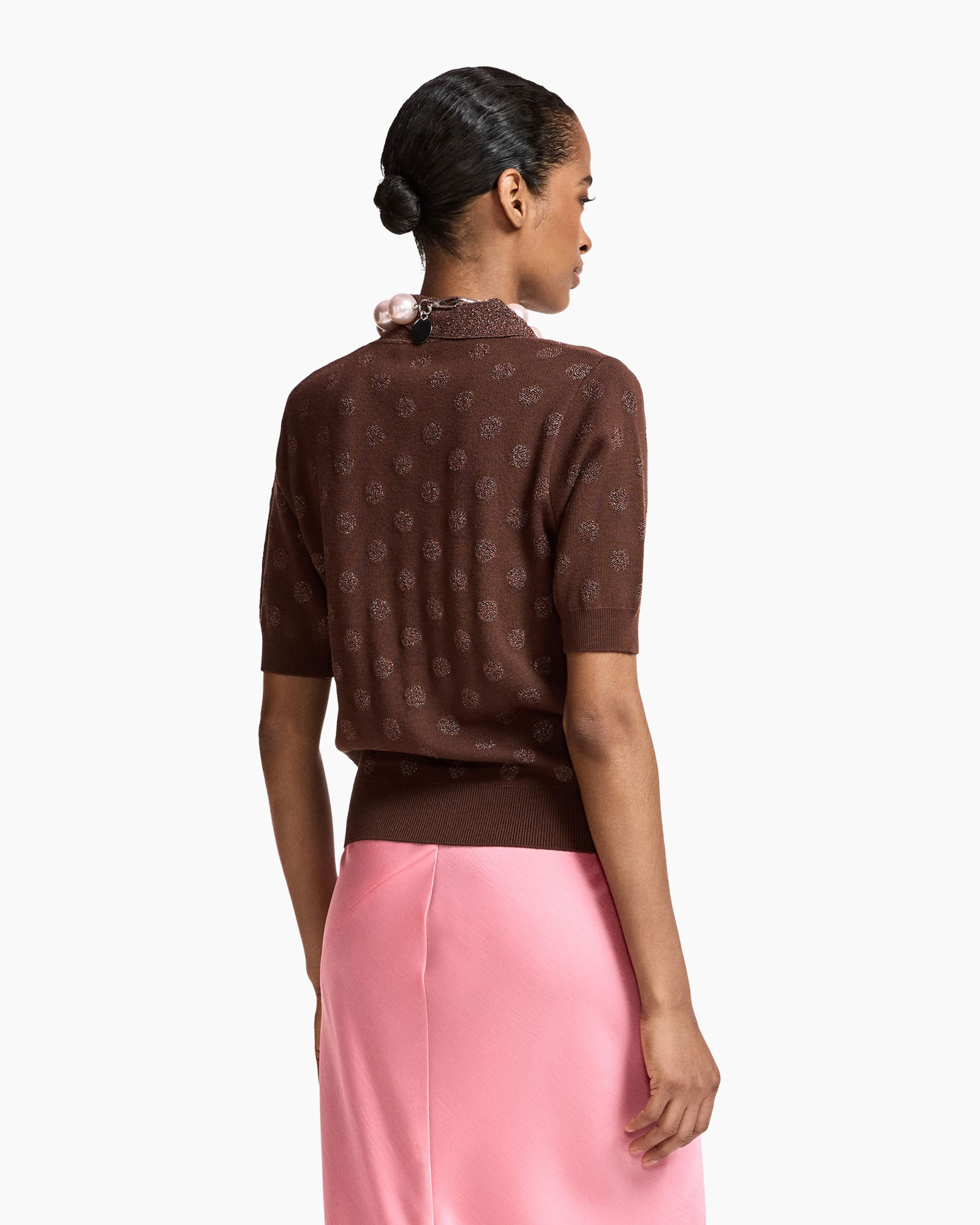 brown top, pullover, polka-dot pattern, collared polo, short-sleeve
