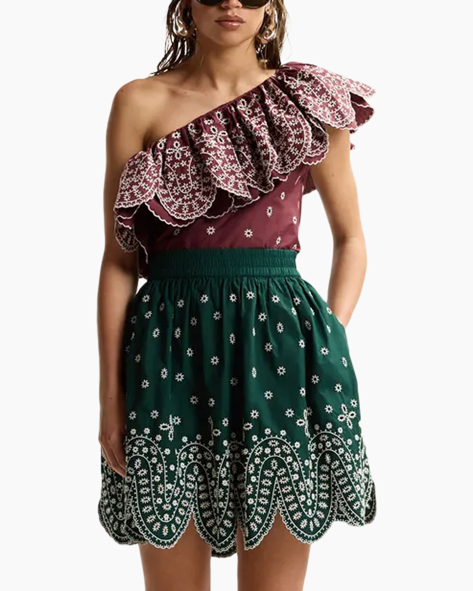 off-shoulder, ruffle, lace, two-tone, skirt