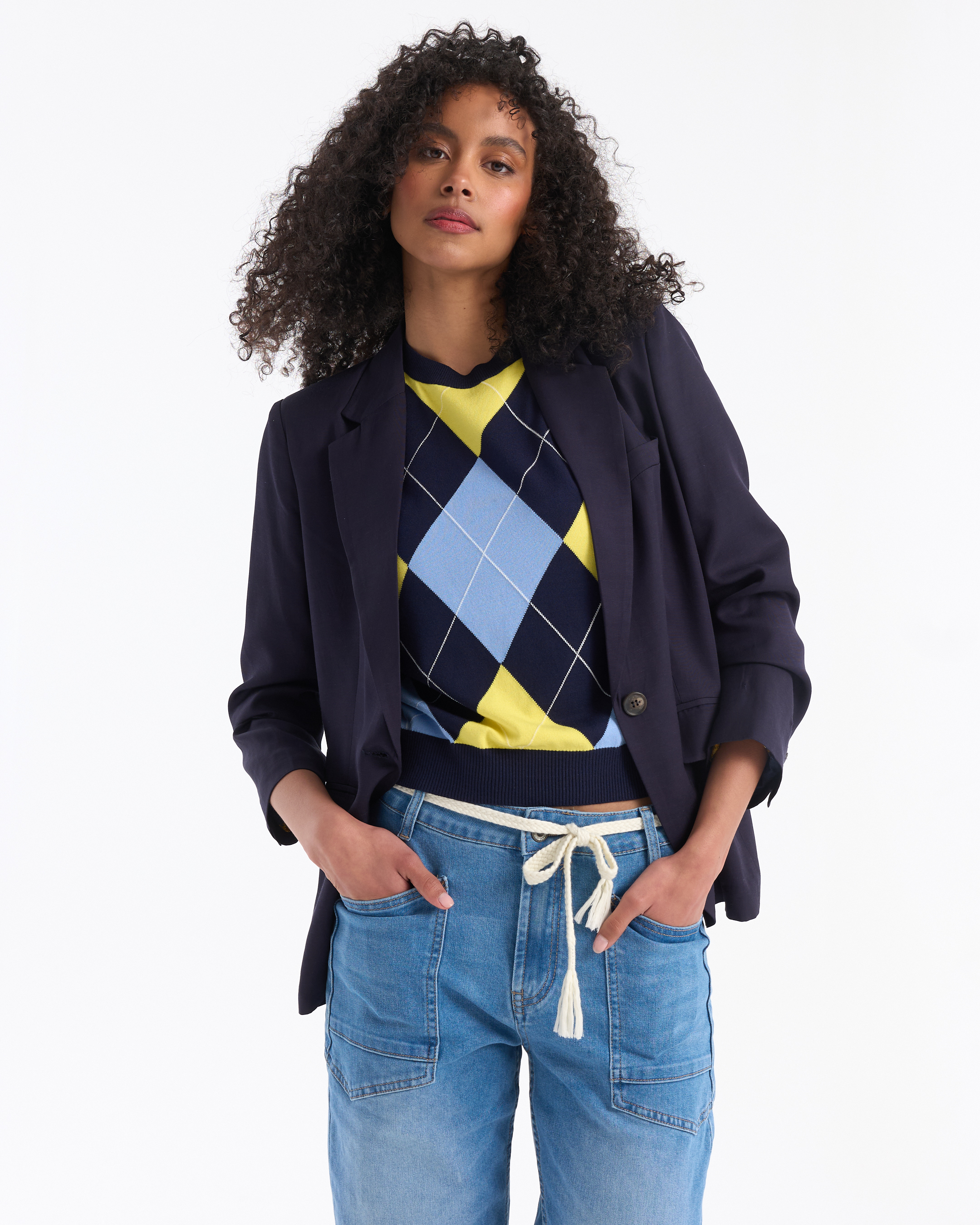 blazer, jacket, cardigan, argyle sweater, blue jeans