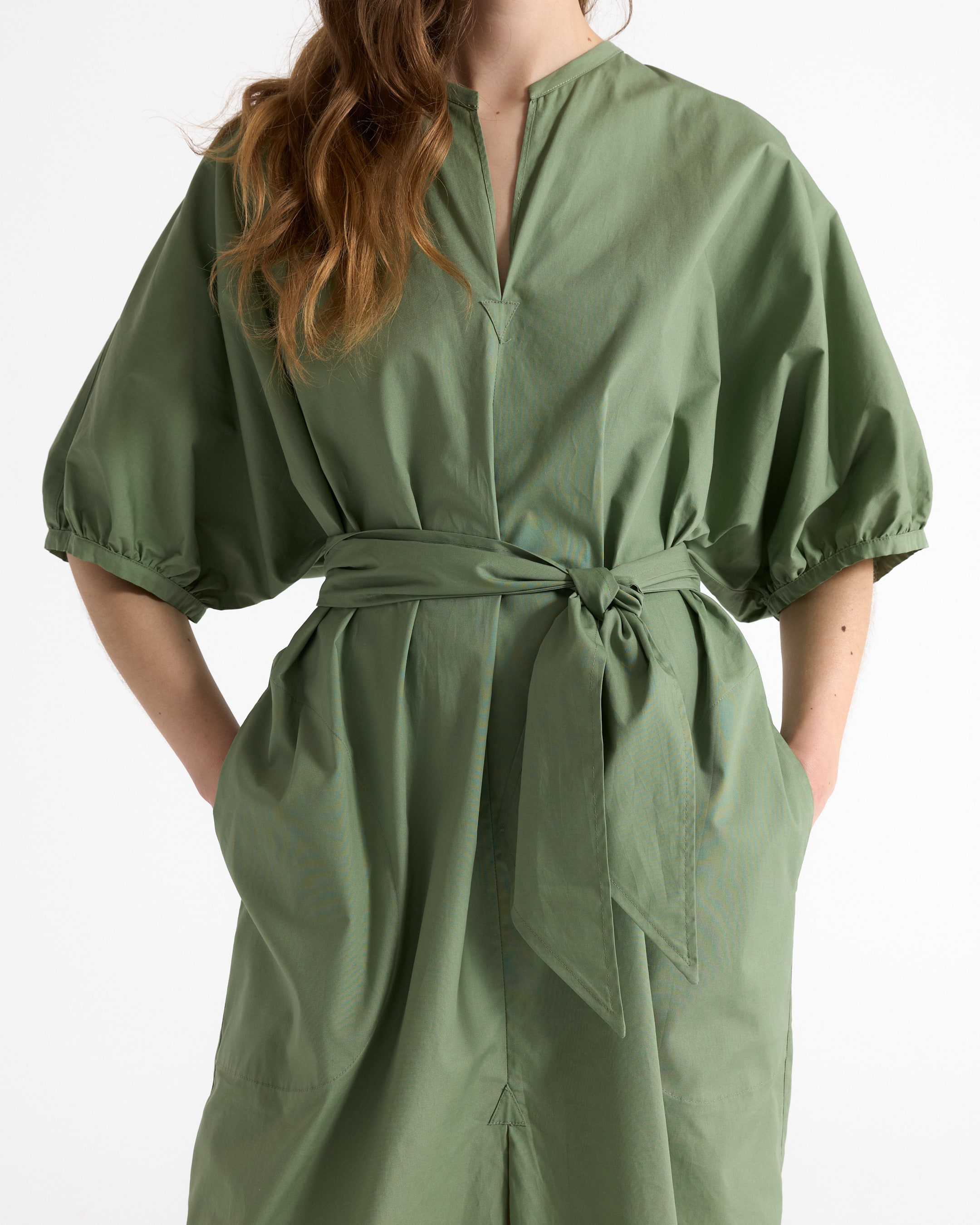 green, wrap-dress, puff-sleeves, belt, linen-look
