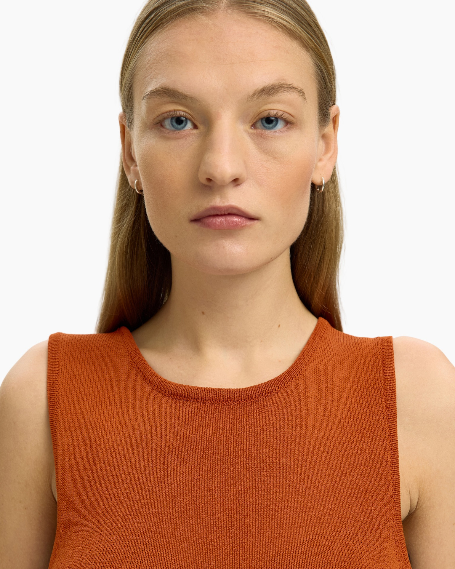 tank top, sleeveless, knit top, orange, solid color