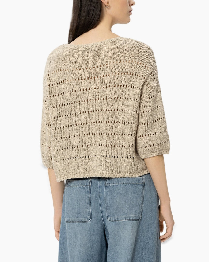 knit sweater, beige, cropped, short sleeve, loose knit
