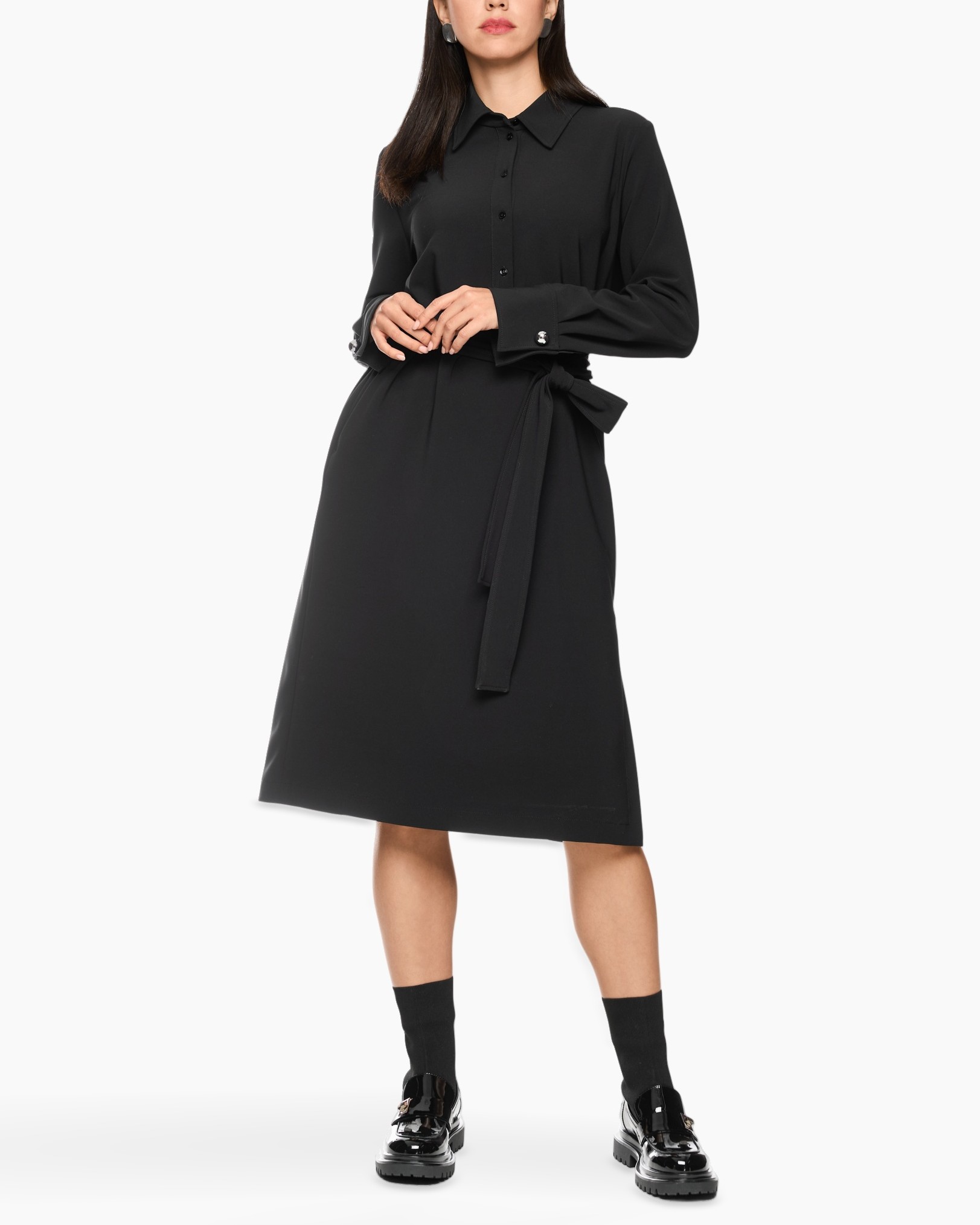 dress, black, shirt dress, belt, long sleeves