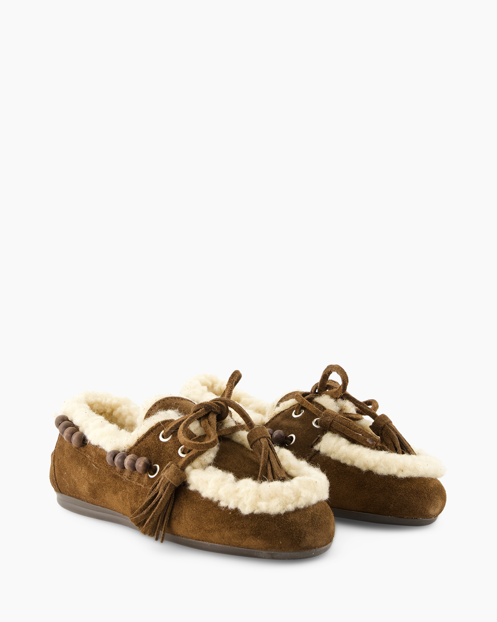 moccasins, brown suede, fur lining, laced shoes, slip-on moccasins