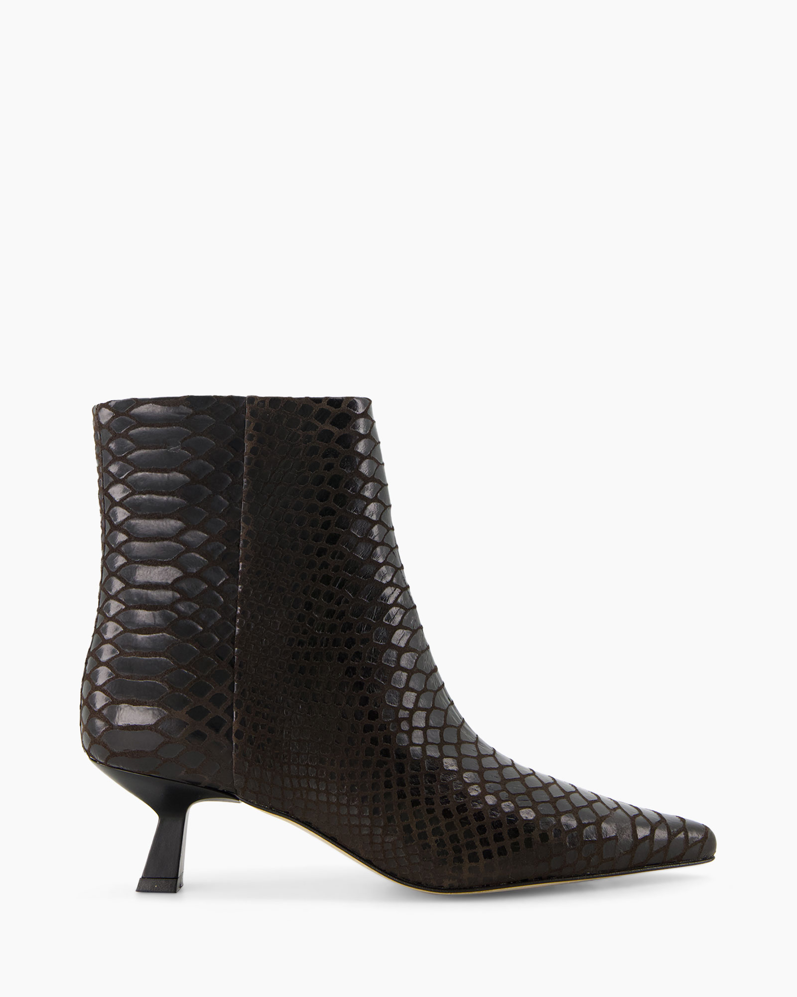 ankle boot, mid heel, snakeskin, brown, leather