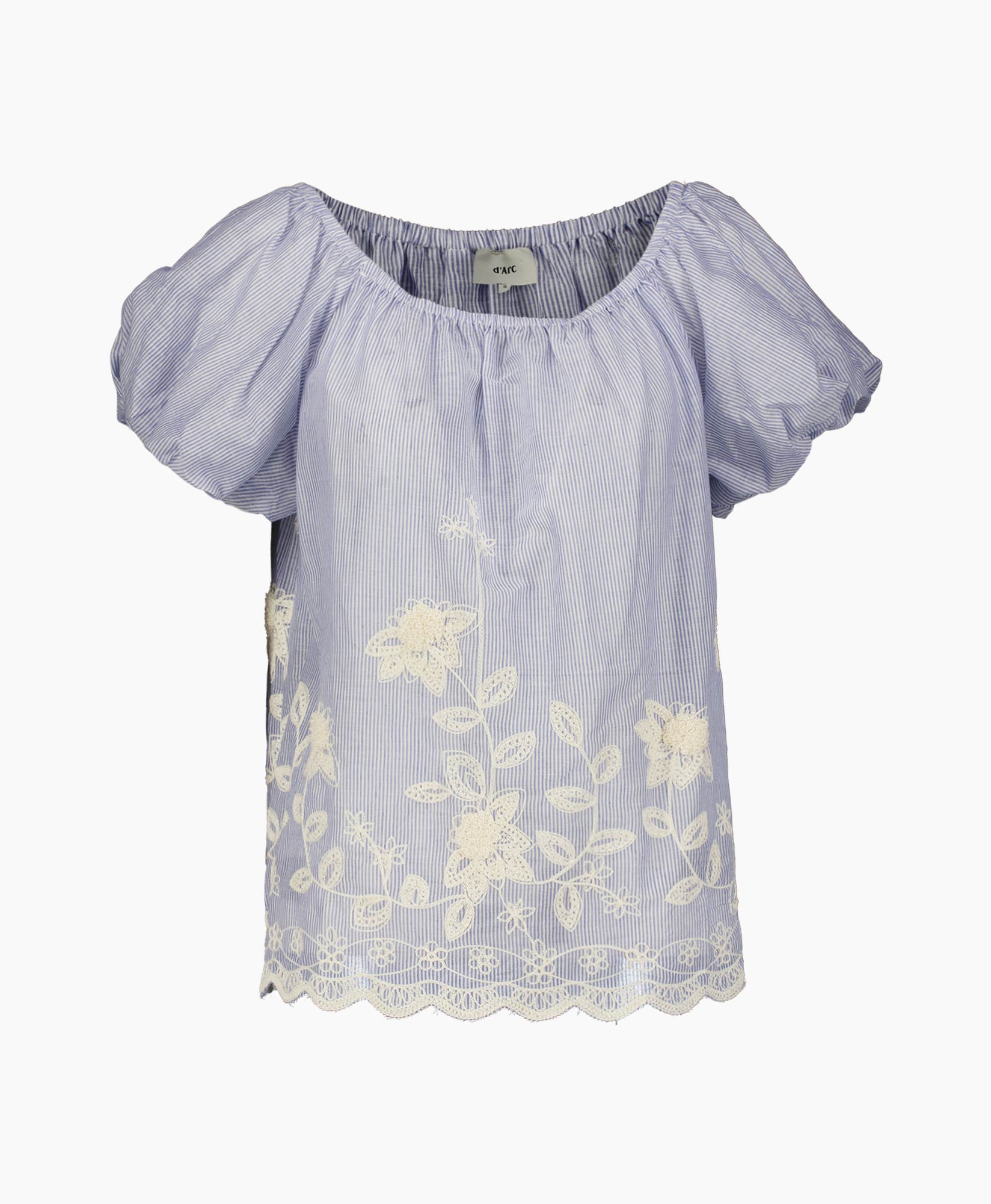 blouse, embroidered, puff sleeves, purple stripe, lace hem