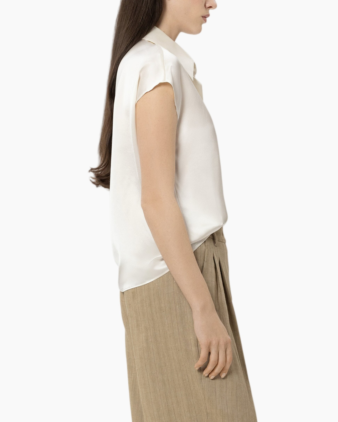 silk blouse, short sleeve, collared, white, slightly loose fit