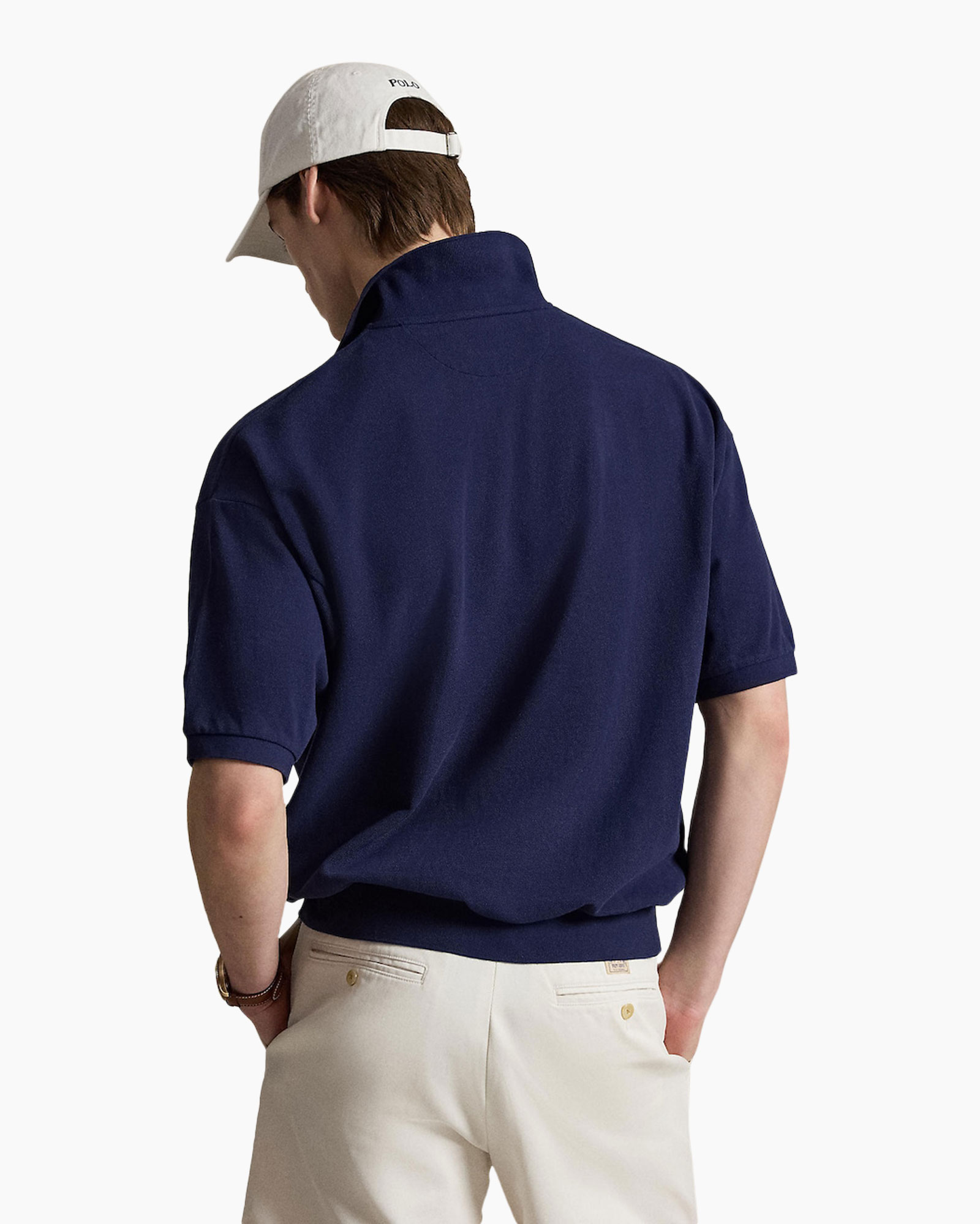polo shirt, short sleeve, navy blue, collared, casual wear