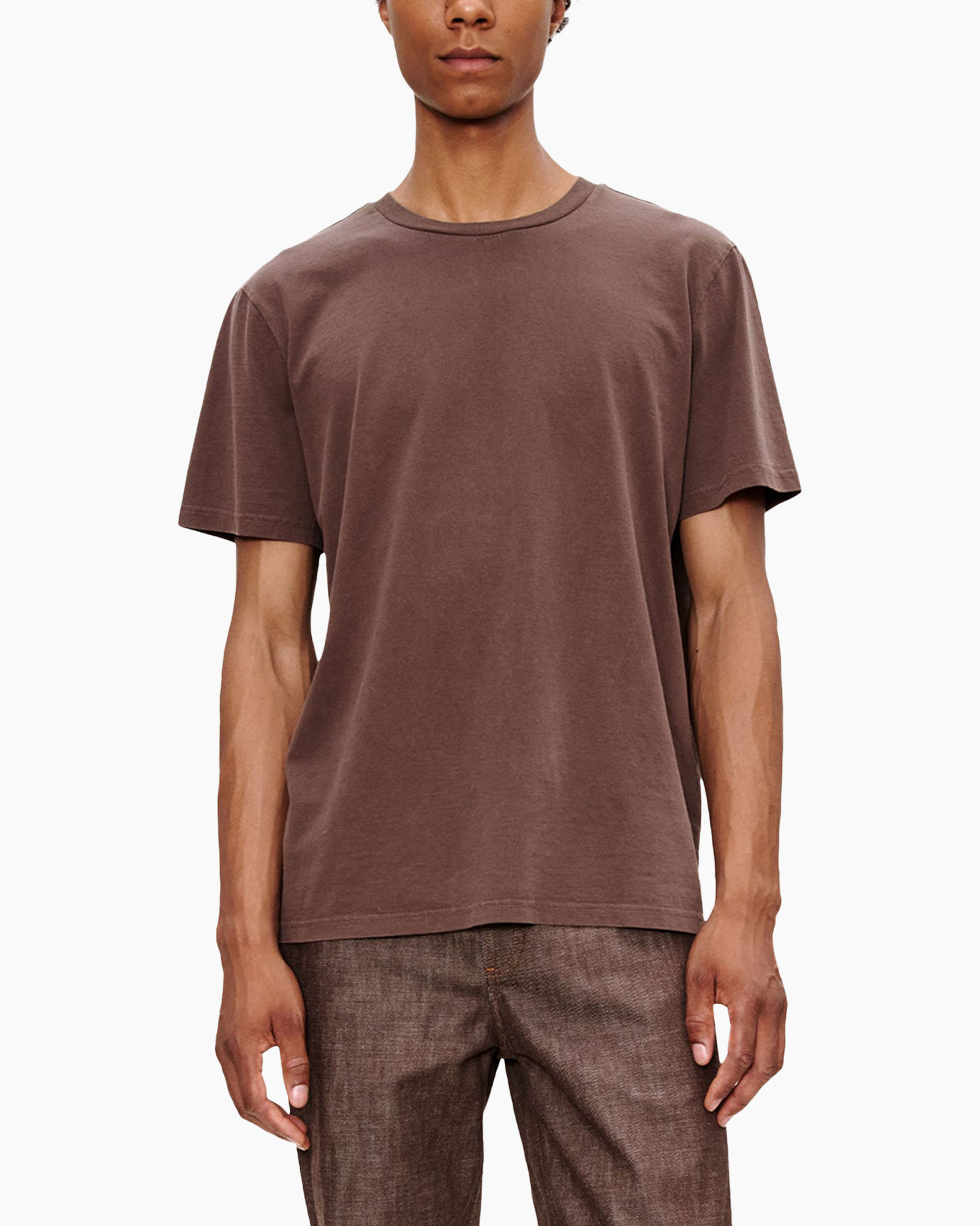 Clothing, T-Shirt, Sleeve, Person, Jeans, t-shirt, crew neck, short sleeve, brown, cotton