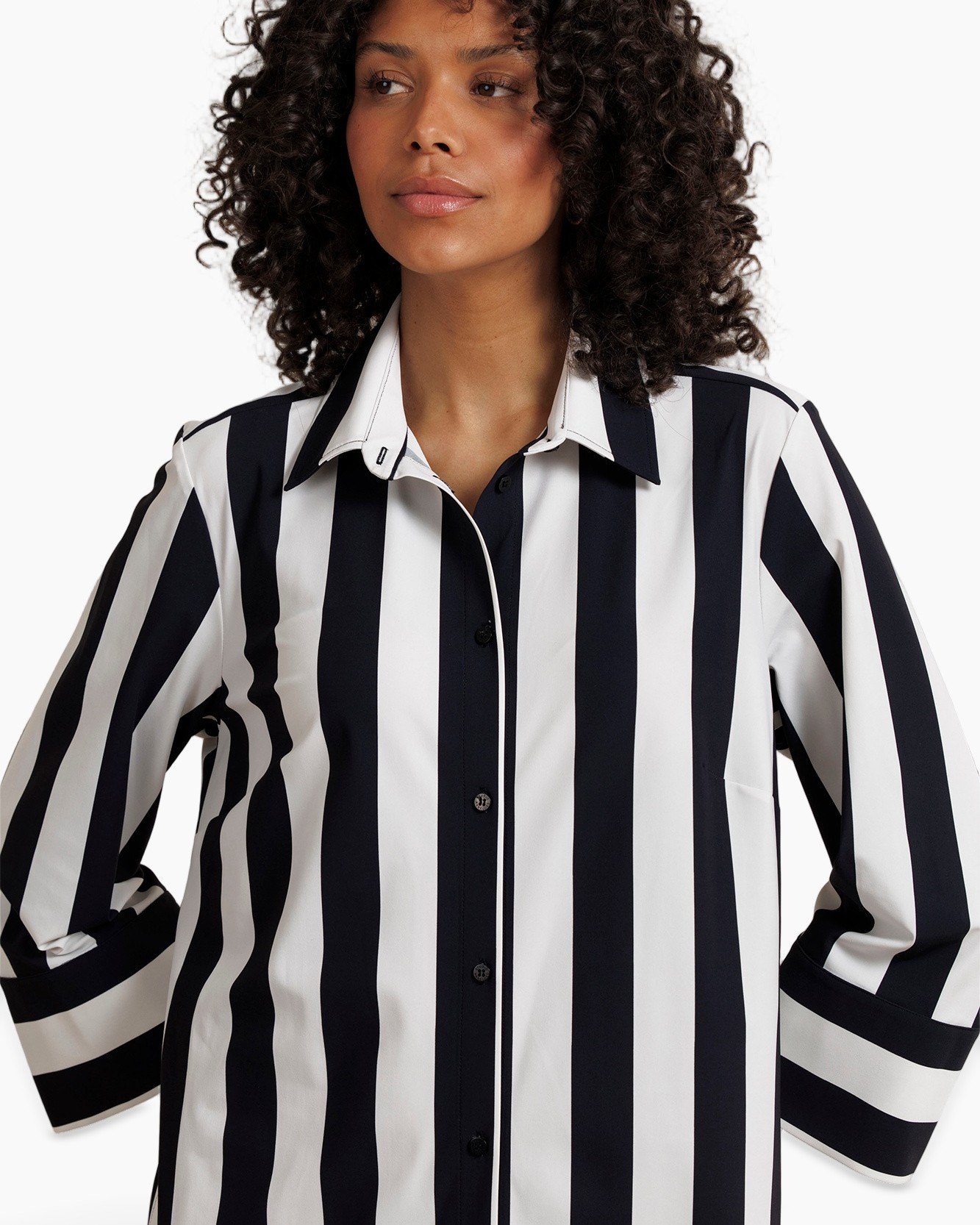 striped shirt, vertical stripes, button-down, collared shirt, long sleeve