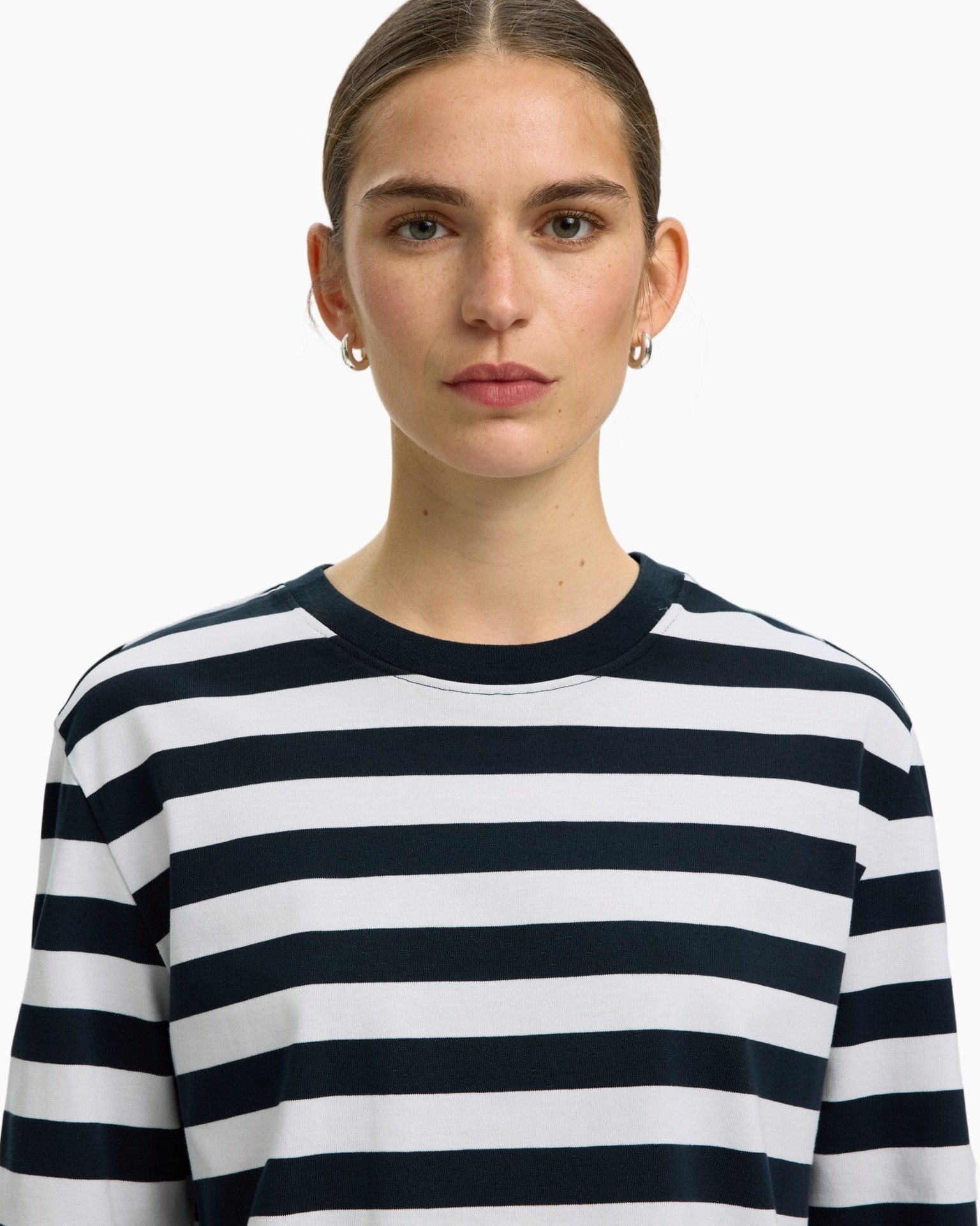 striped shirt, long sleeve, navy white, crew neck, cotton fabric