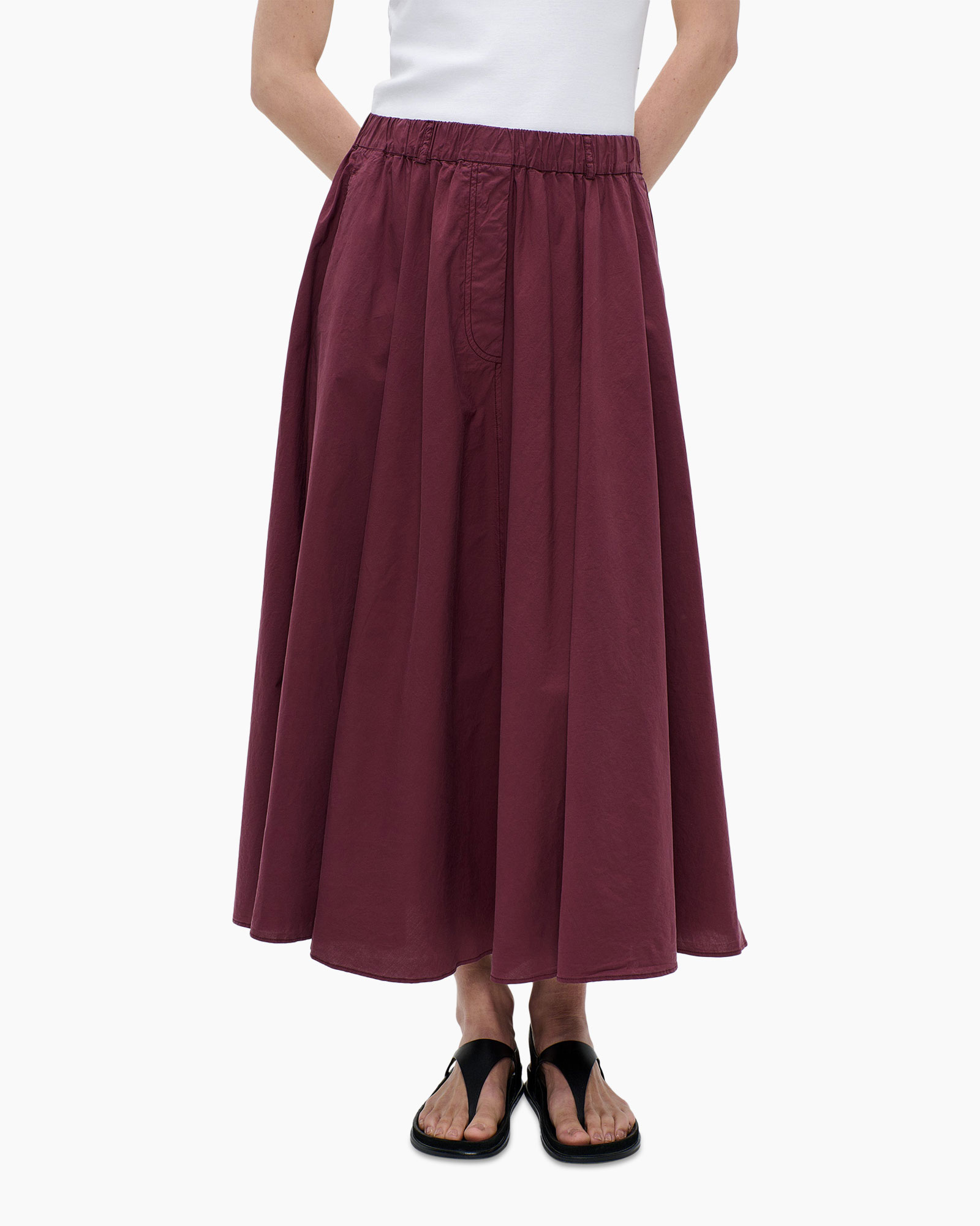 skirt, maxi, burgundy, elastic waist, pleated