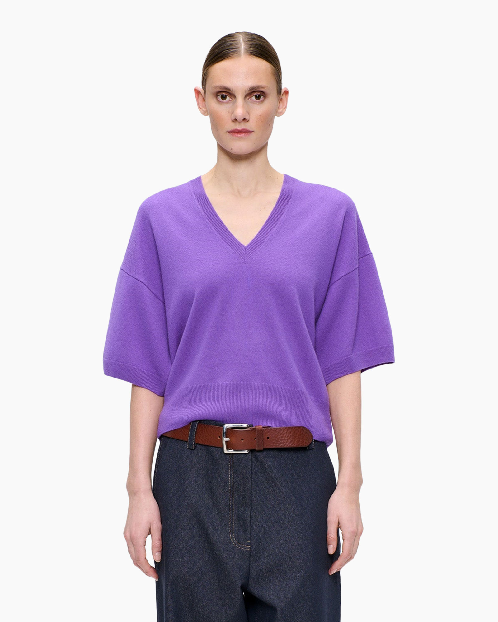 purple sweater, V-neck,  oversized, short sleeve, knit top