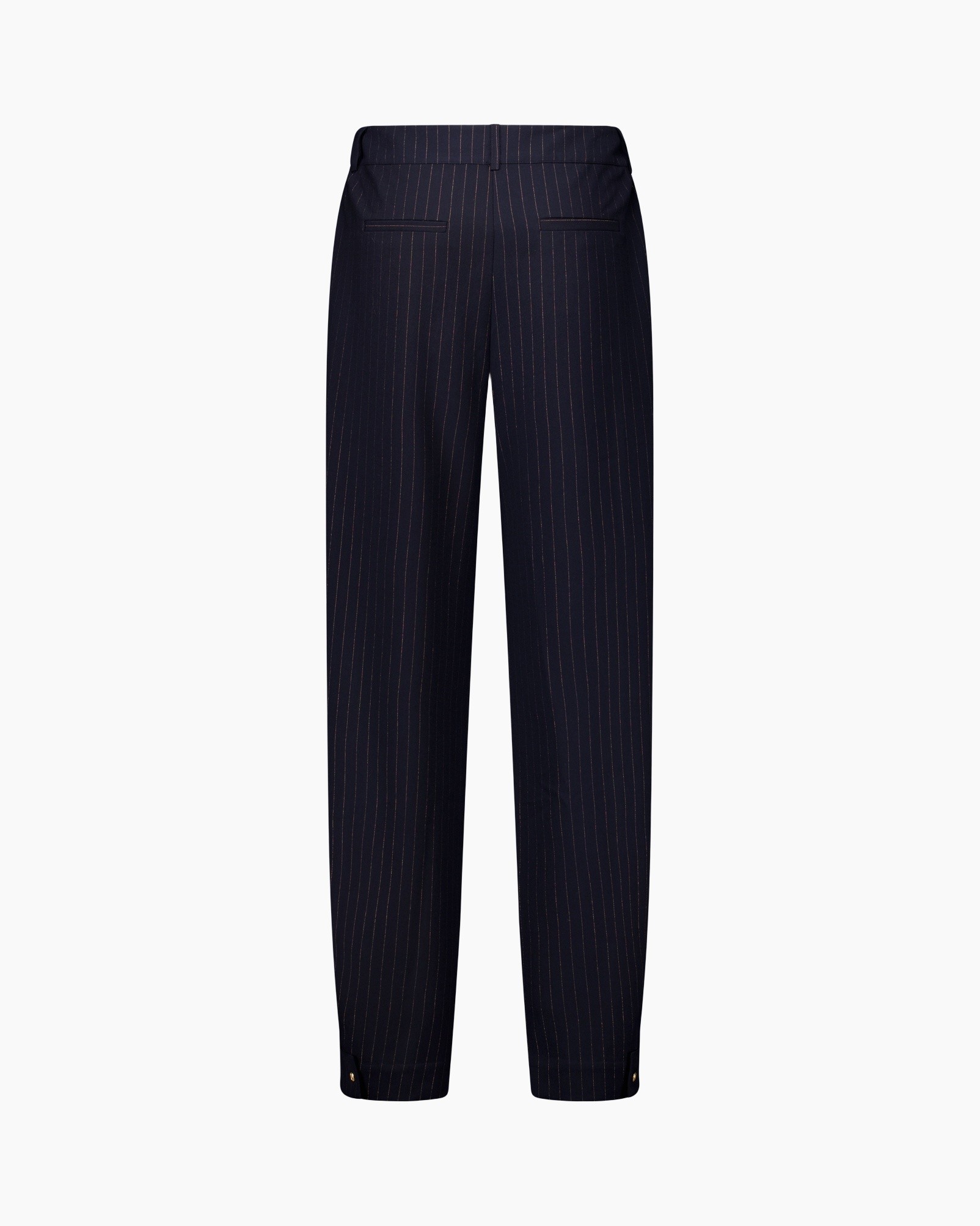 trousers, pinstripes, navy, back pockets, ankle length