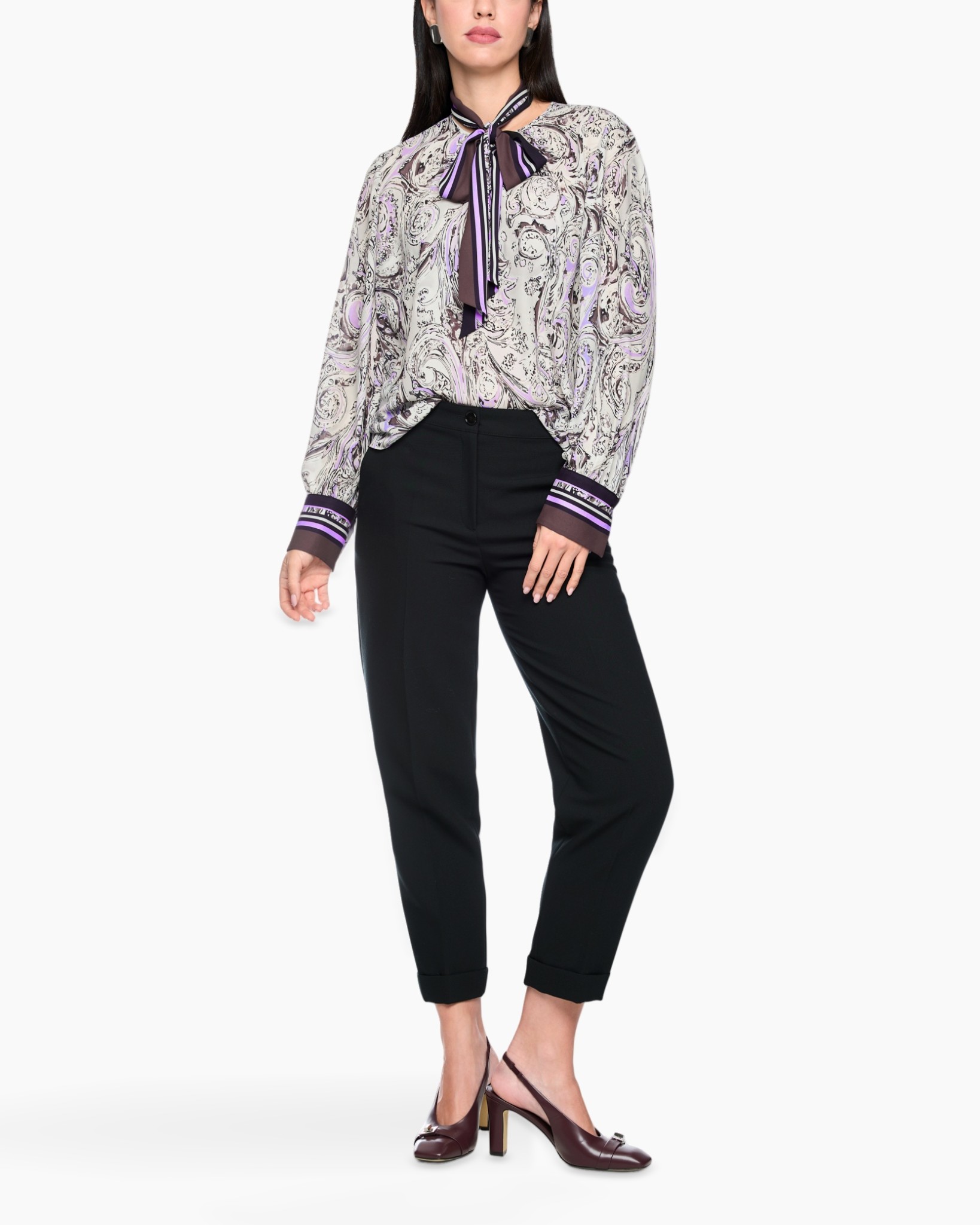 blouse, paisley, long-sleeve, scarf-neck, purple accents
